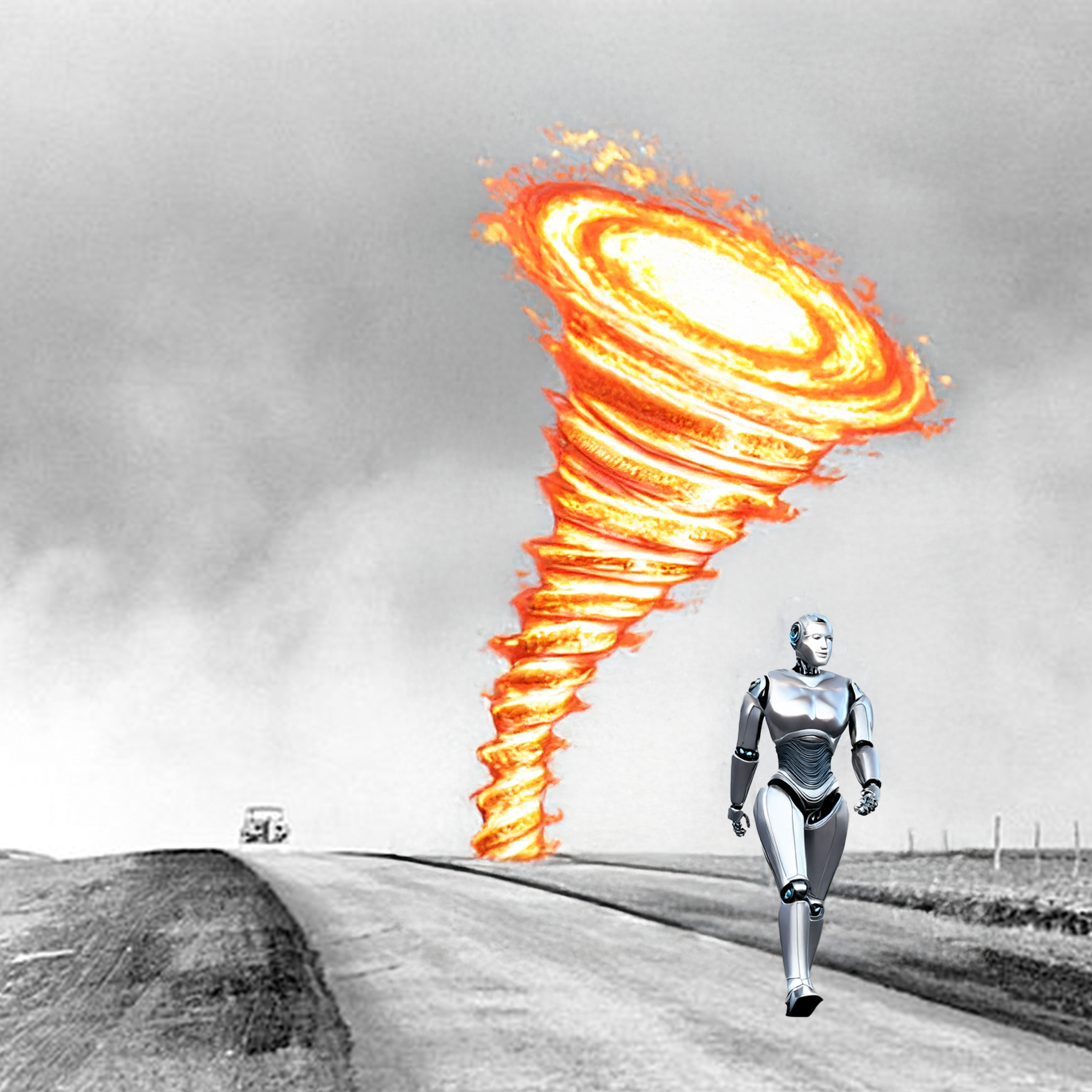 android walking down country road in black and white with red fire tornado in background