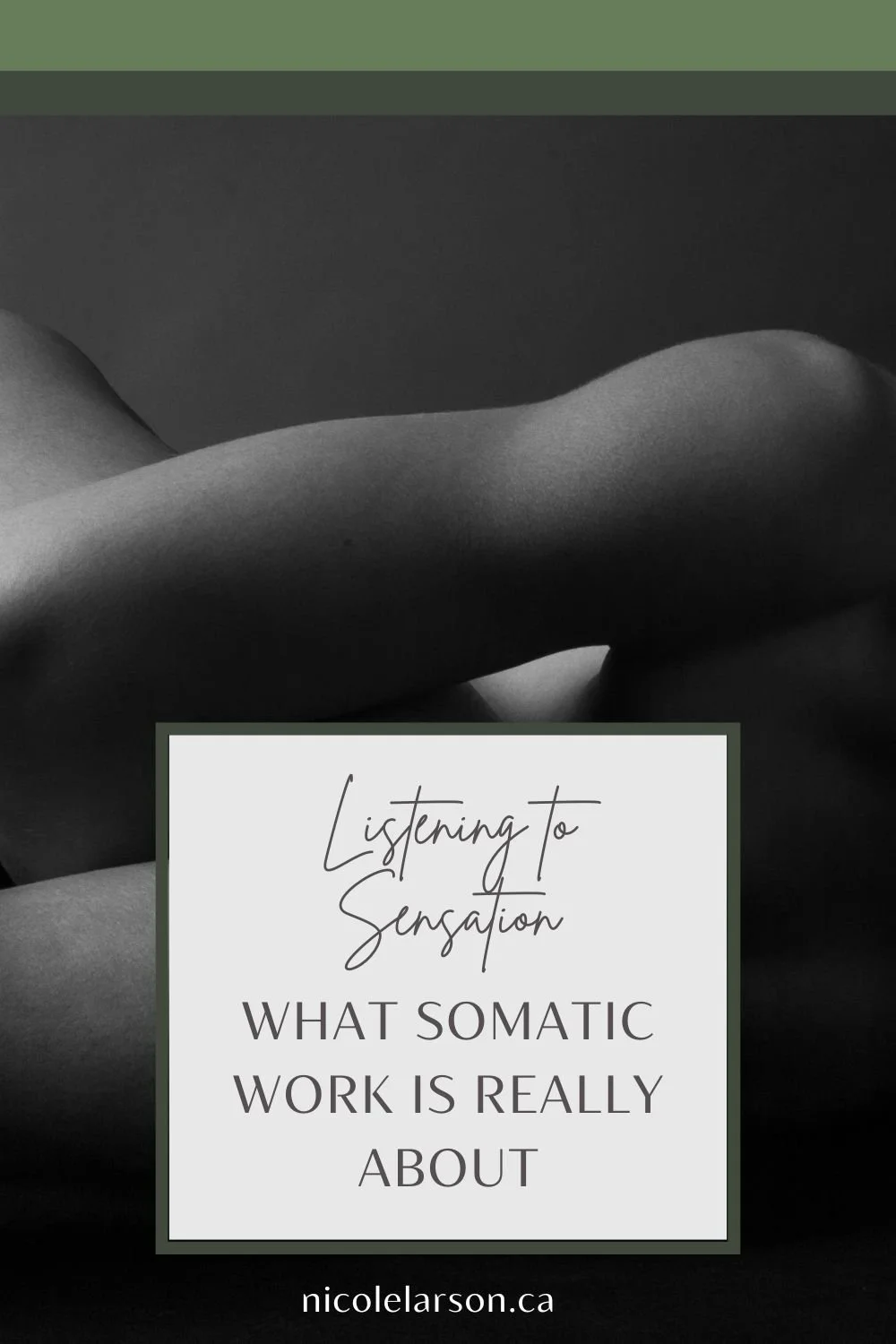 A title and a artistic image of a woman holding onto her leg. Done in Black and white.