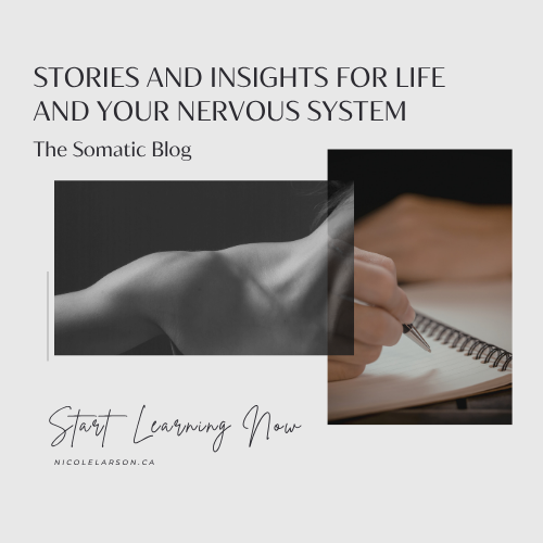 A black and white image of a shoulder and a close up of a pen writing in a notebook linking to the website's blog