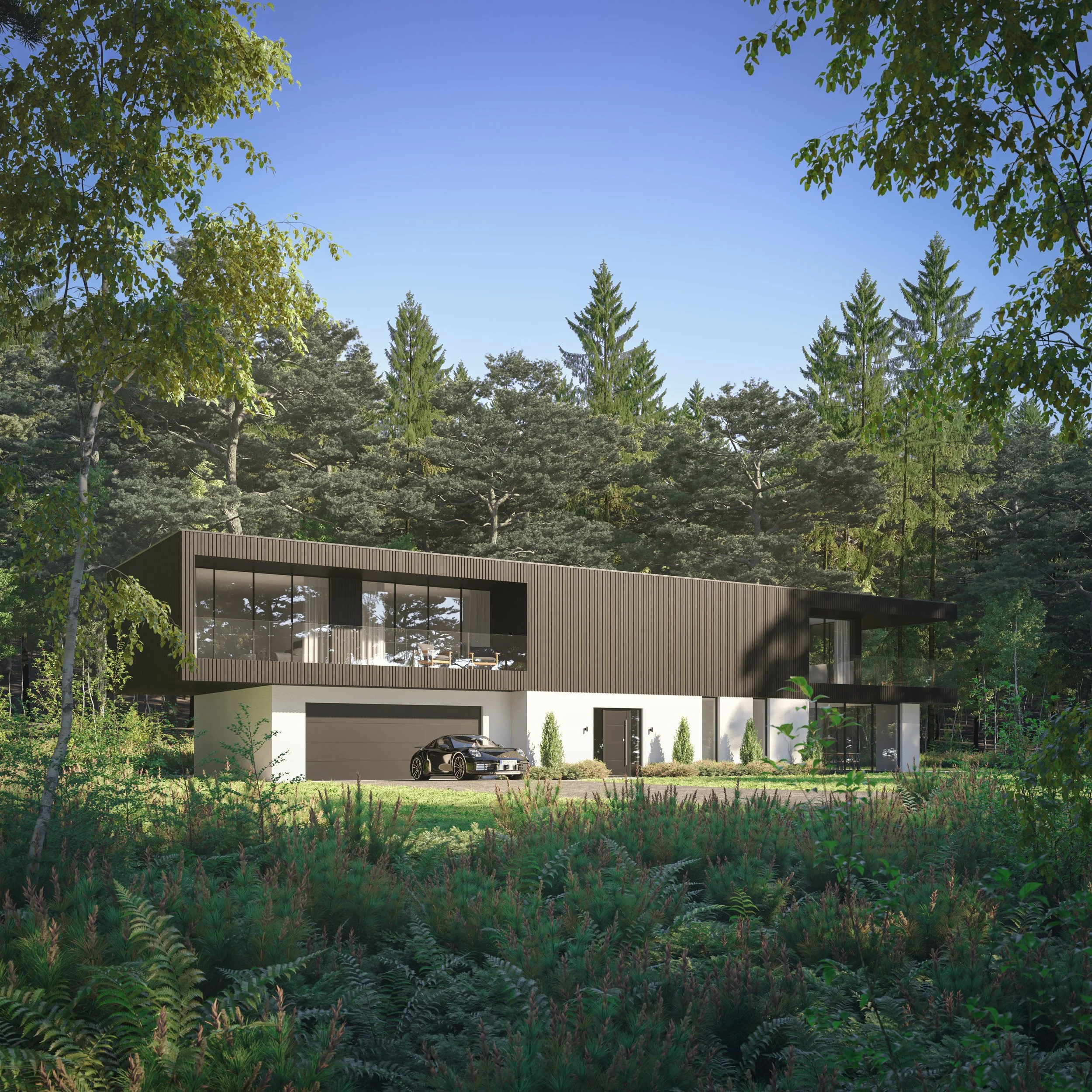 A modern house with large glass windows is built into a lush green forest landscape under a clear blue sky. A black sports car is parked in front of the house.