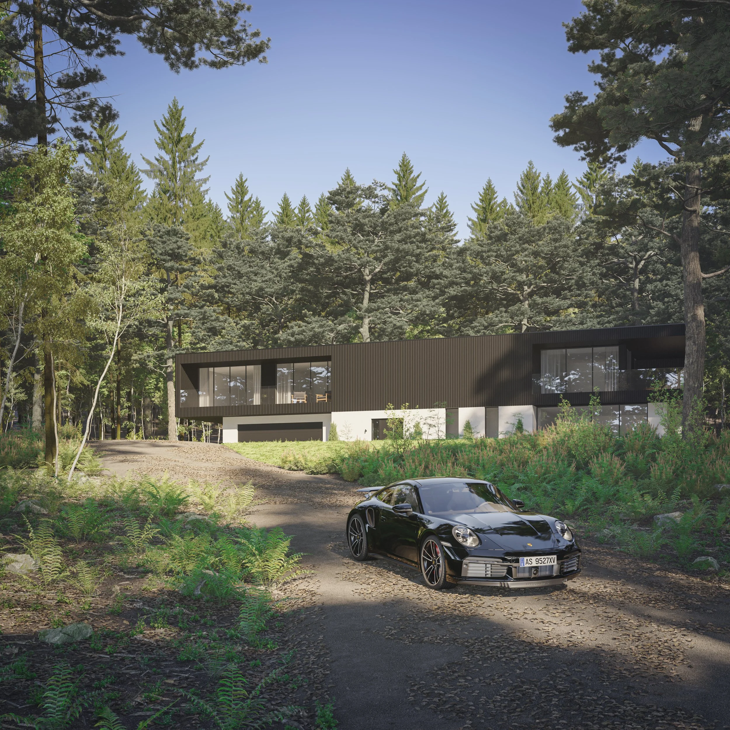 Black sports car parked on a dirt path in a lush, green forest with modern building in the background