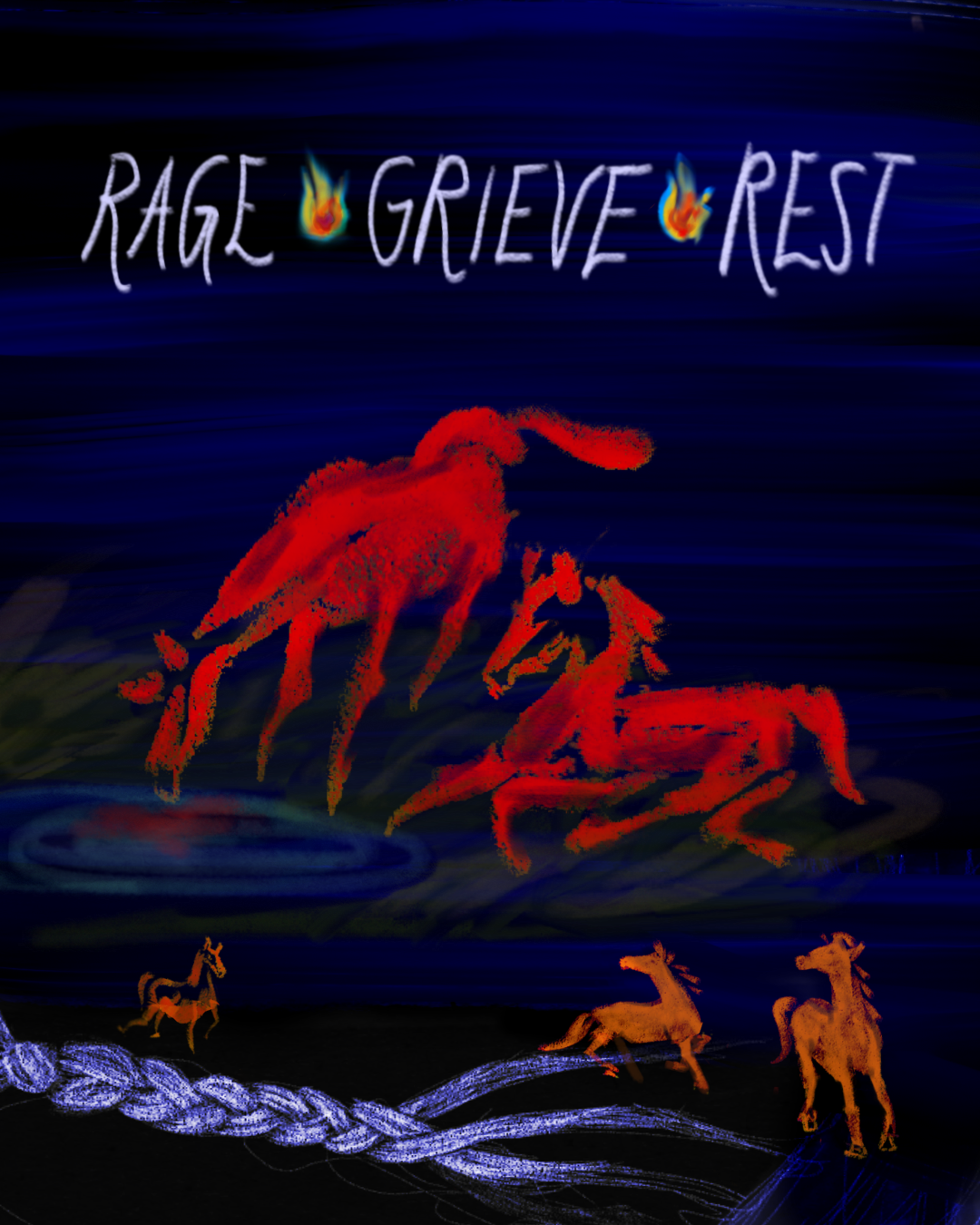 Artwork titled "Rage, Grieve, Rest" featuring stylized red animals, including a lion and zebras, with a dark background and the title at the top with flames as the letter O in "Rage" and "Grieve."