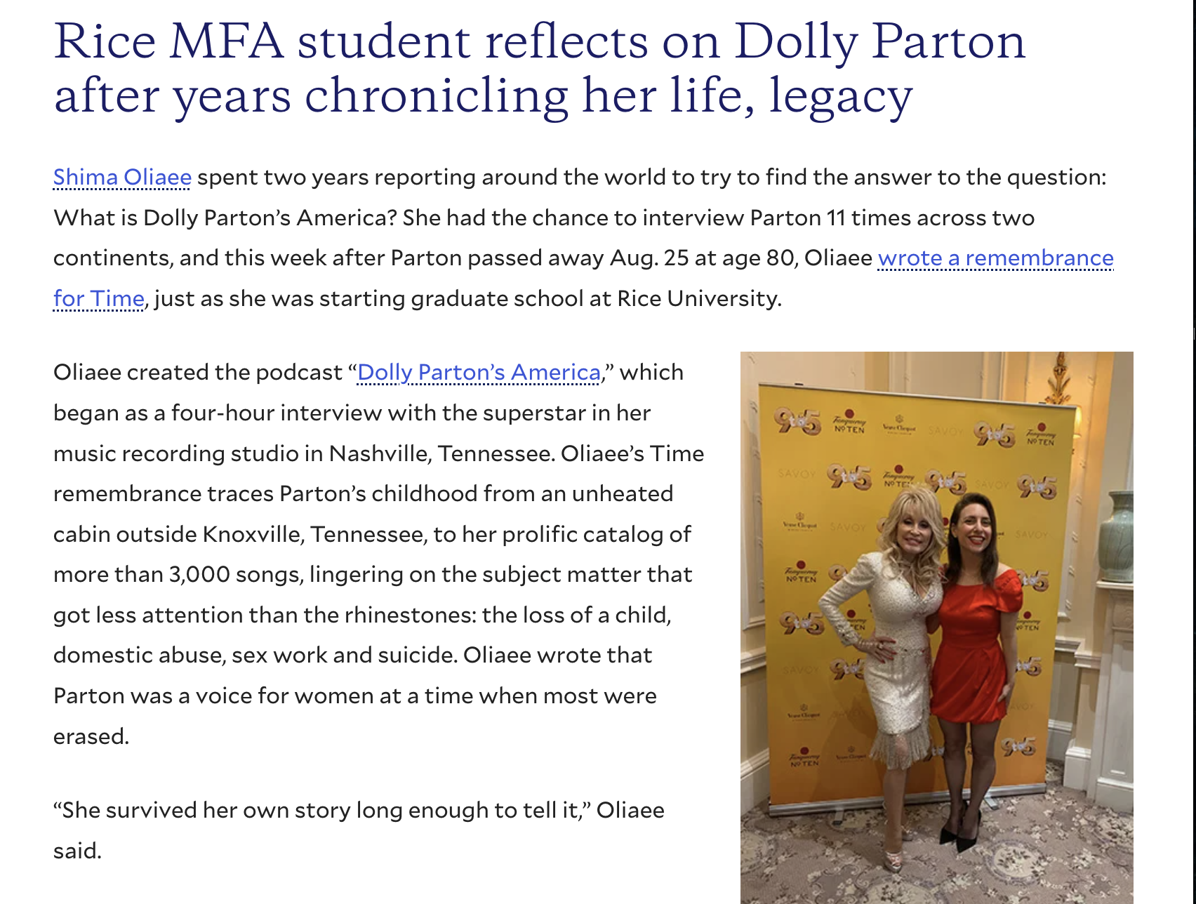 Rice MFA reflects on Dolly Parton after years chronicling her life, legacy, Interview with Shima Oliaee Dolly Parton's America