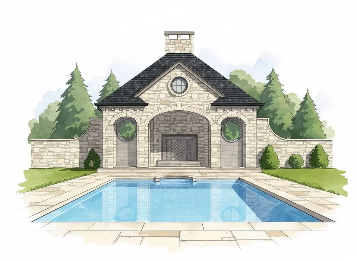 A new poolhouse design in stone, coming soon to southern Indiana!⁣⁣
⁣⁣
#architecture #traditionalarchitecture #stone #poolhouse #veranda #poolsofinstagram #pooltime🏊