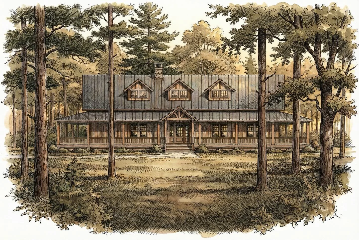 Based on an antique timber frame, this lodge house is designed to feel as though it&rsquo;s always belonged&mdash;tucked quietly into the woods of southern Indiana. Broad, sheltering porches wrap the house, inviting long afternoons with a glass of ic