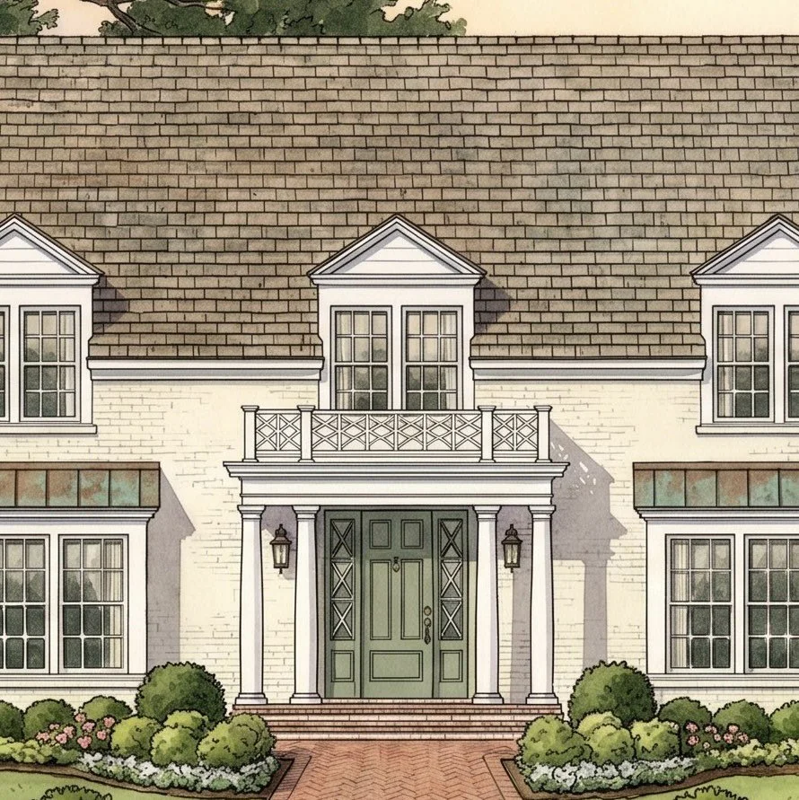Just finished this design for a new, truly transformative renovation of a midcentury ranch house. 👈Swipe to see the full front facade and a photo of the &ldquo;before&rdquo;. 

#architecture #renovation #beforeandafter #traditionalarchitecture #time