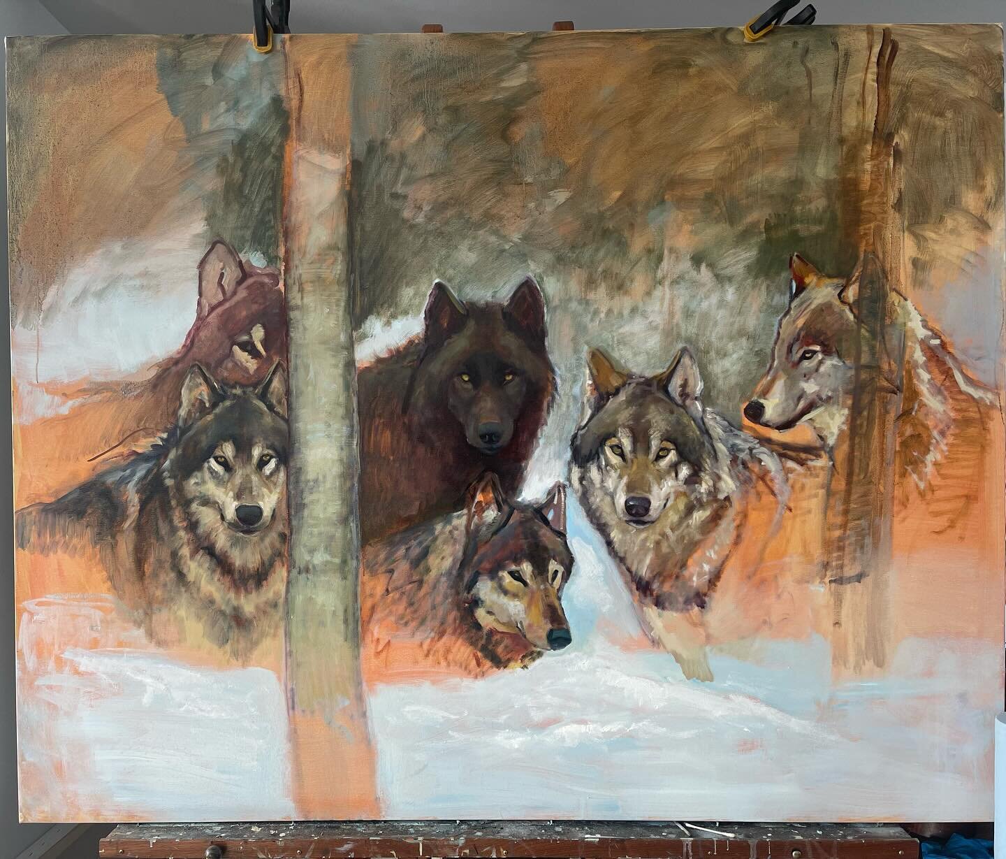 These wolves just asking to be painted. I couldn&rsquo;t stop even if I wanted to. The energy keeps me going and the paint has been flowing effortlessly on the canvas! Very smooth process on this large piece! So grateful for the experience ! So much 