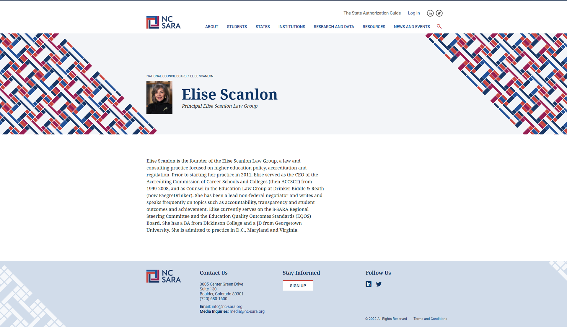 Webpage of Elise Scanlon from NC SARA with her photo, biography, and contact information. The page features NC SARA logo and decorative geometric patterns in blue, red, and white.