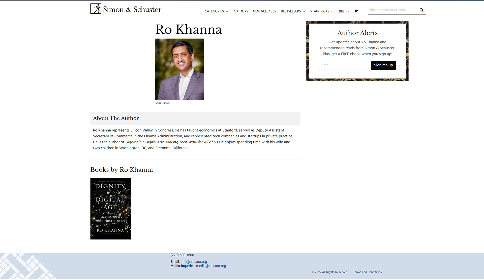 Webpage profile of author Ro Khanna on Simon & Schuster's site, featuring a photo of Ro Khanna, a brief biography, and a book titled "Dignity in a Digital Age."