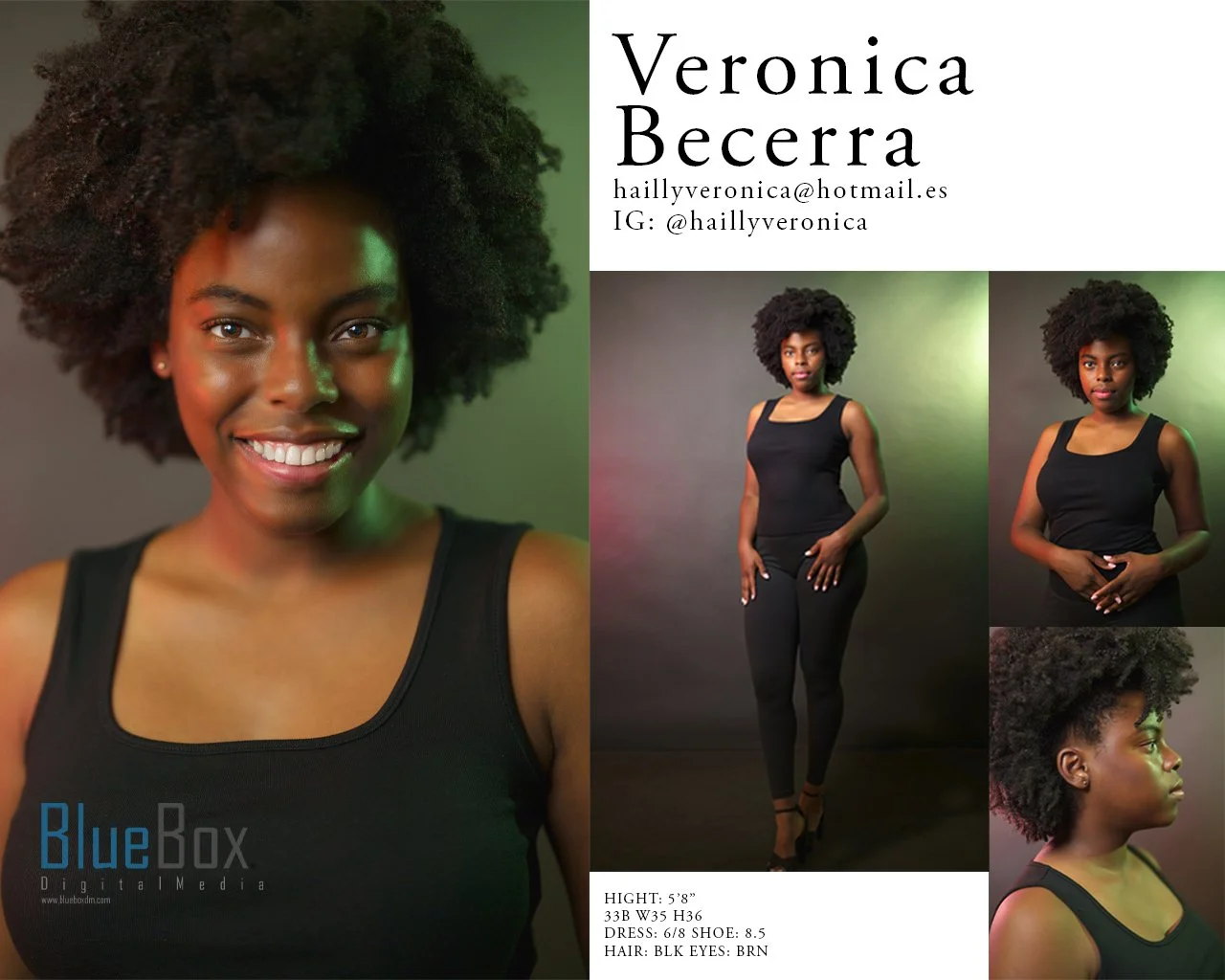 Portfolio of Veronica Becerra featuring studio portraits, including a smiling woman with natural hair, full body shot, a profile, and a front view, with contact information and photography details.