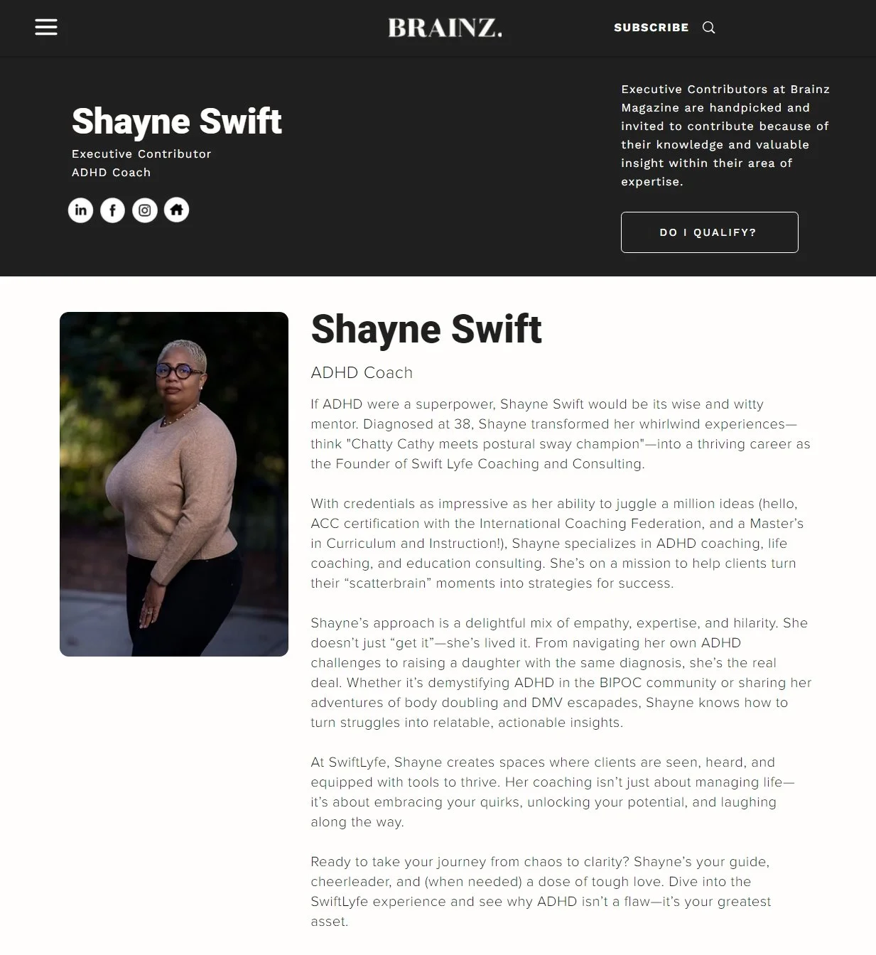 Profile page of Shayne Swift, an ADHD coach, with her photo, name, title, and biography on a website.