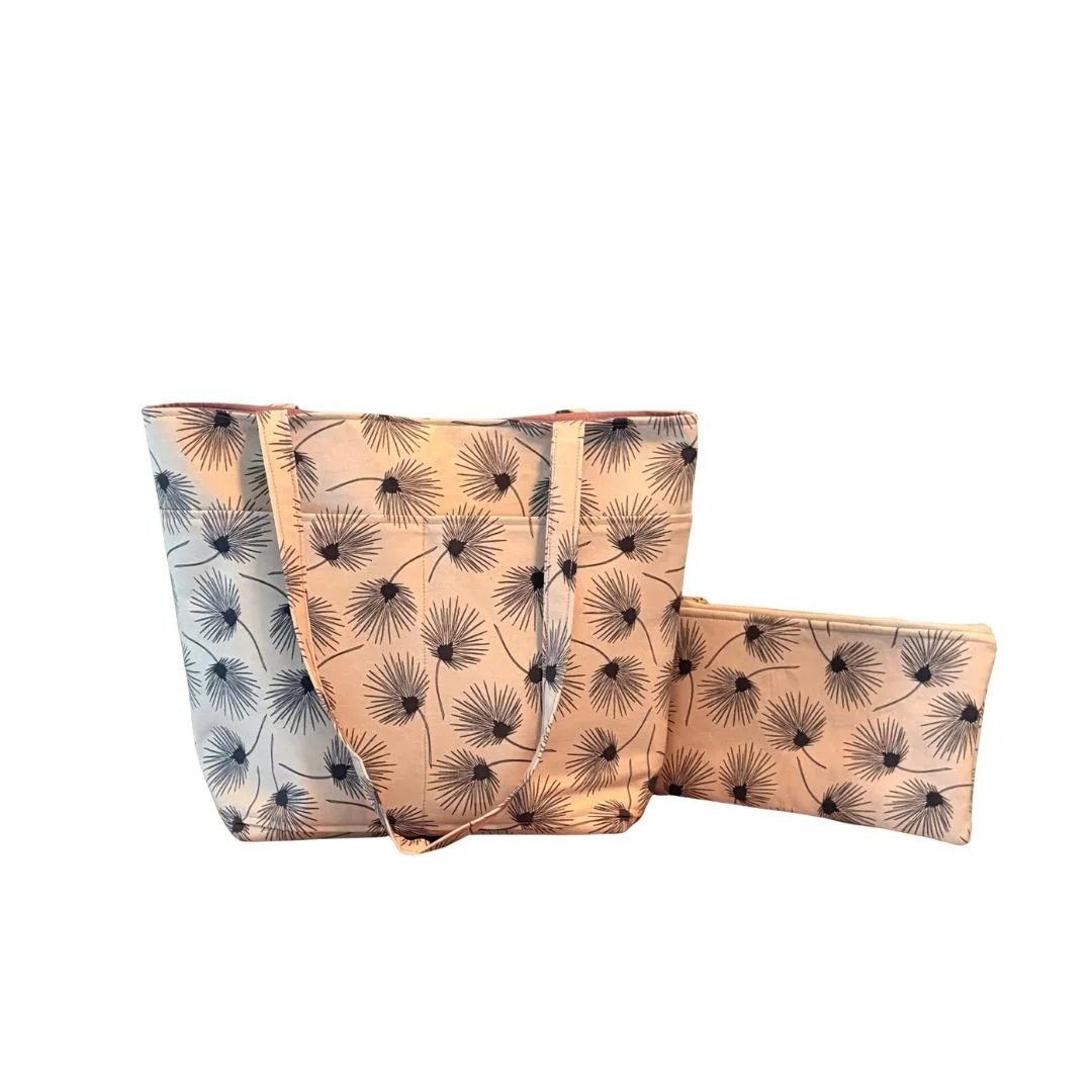 Front pockets tote with pouch pine leaves.jpg