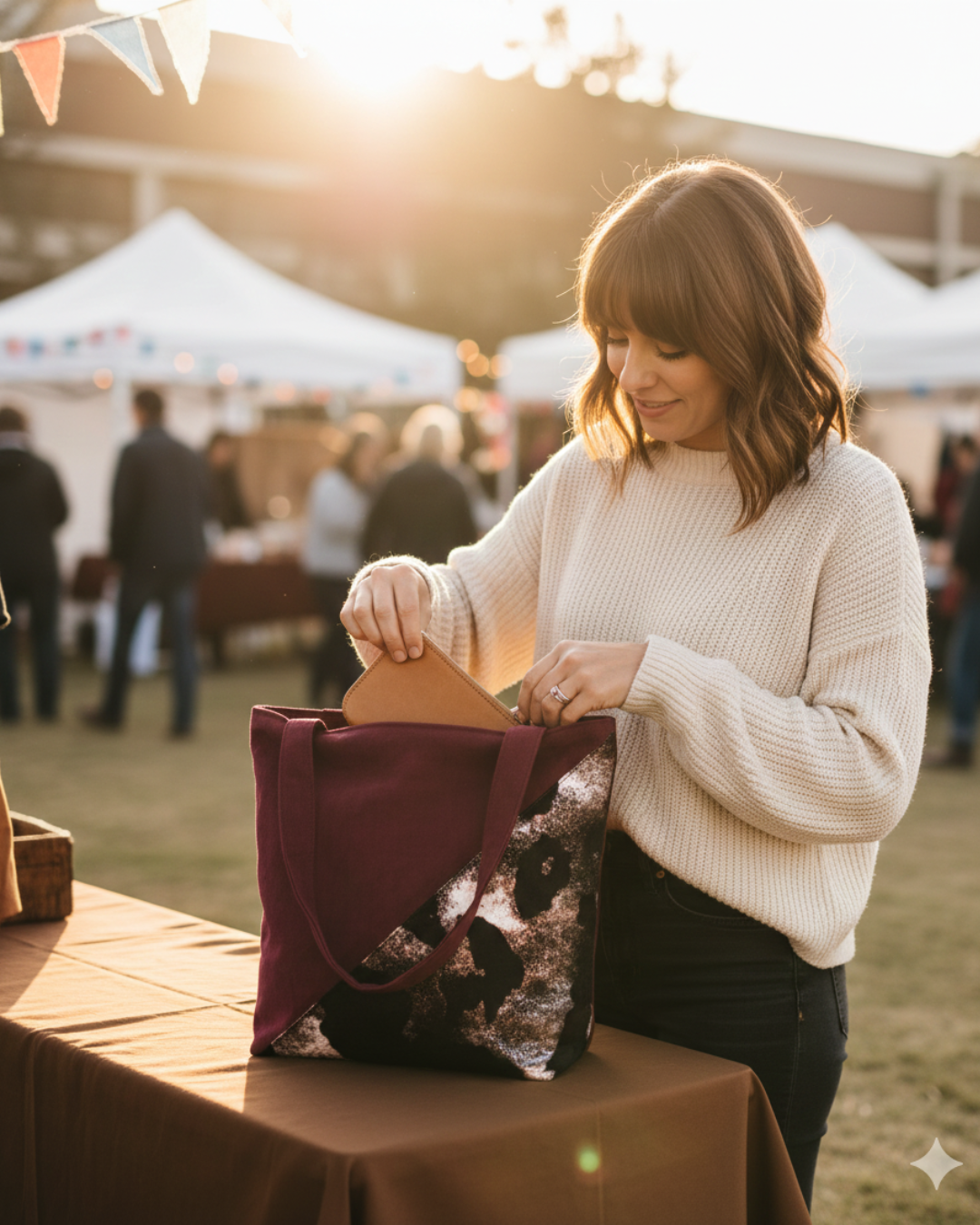 A woman with shoulder-length brown hair wearing a cream sweater is at an outdoor market during sunset. She is placing a wallet into a maroon and black patterned tote bag on a table. The background shows white tents, string lights, and several people browsing stalls.