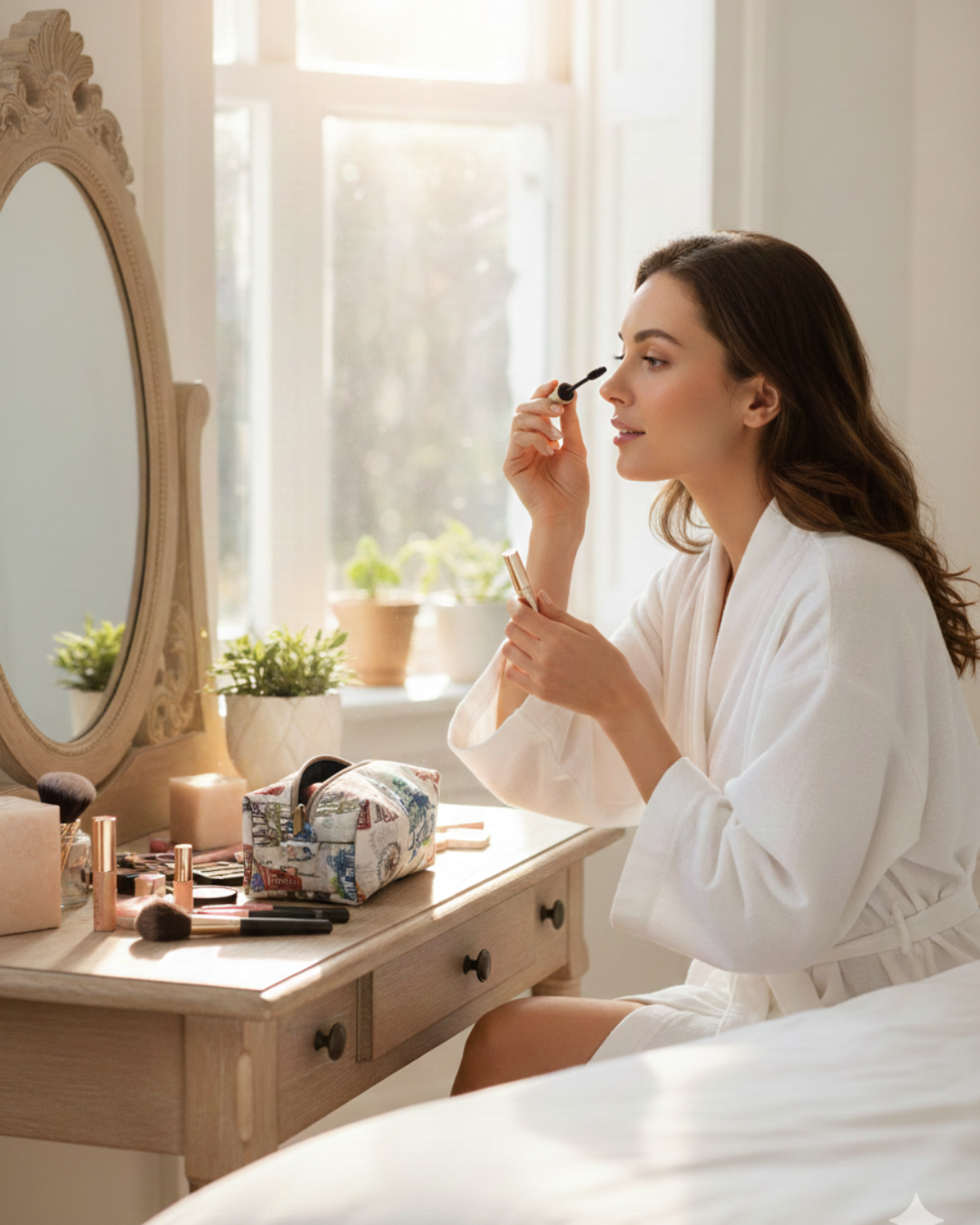 Woman applying mascara at vanity with makeup brushes, cosmetics, and potted plants in background.