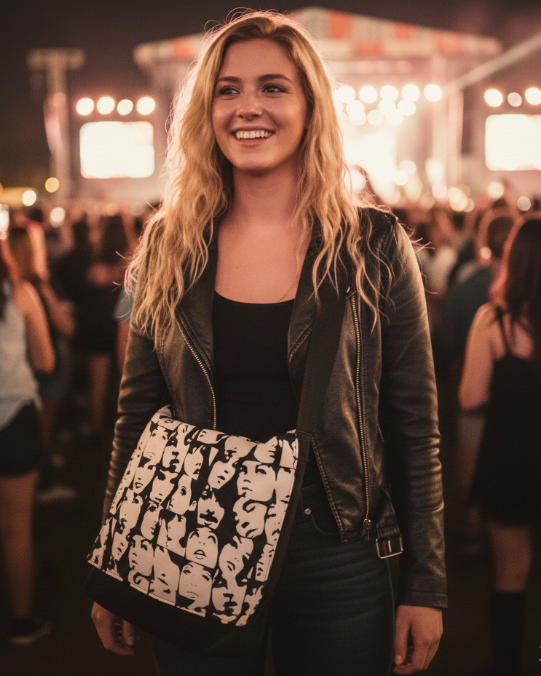 Large Messenger Bag with White Faces on Black