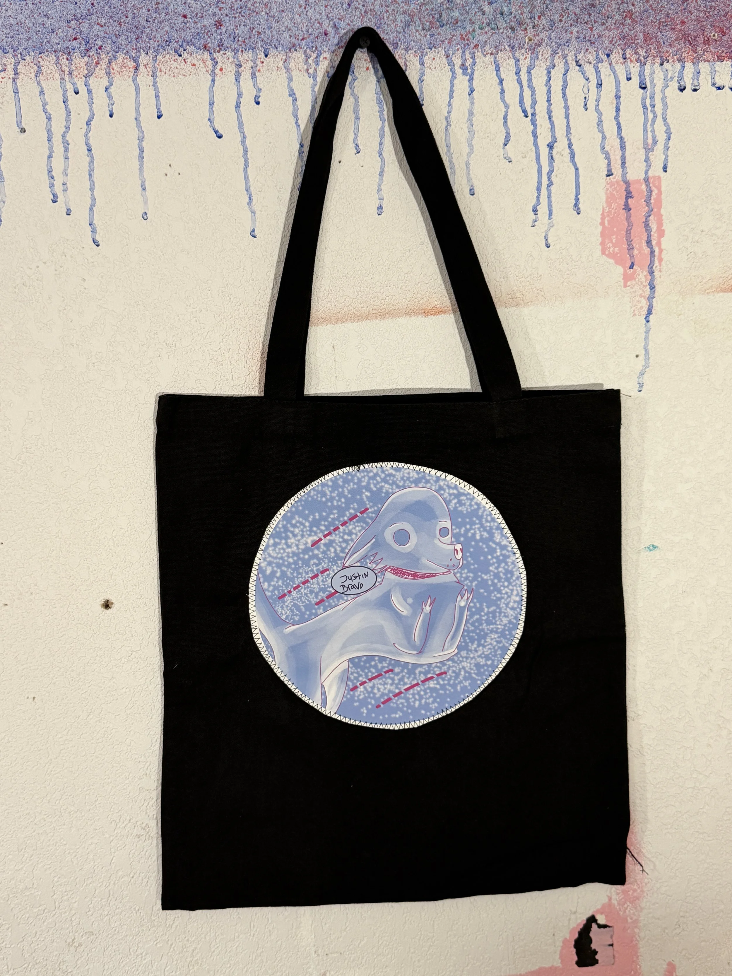 Black tote - Flying dog - blue and pink