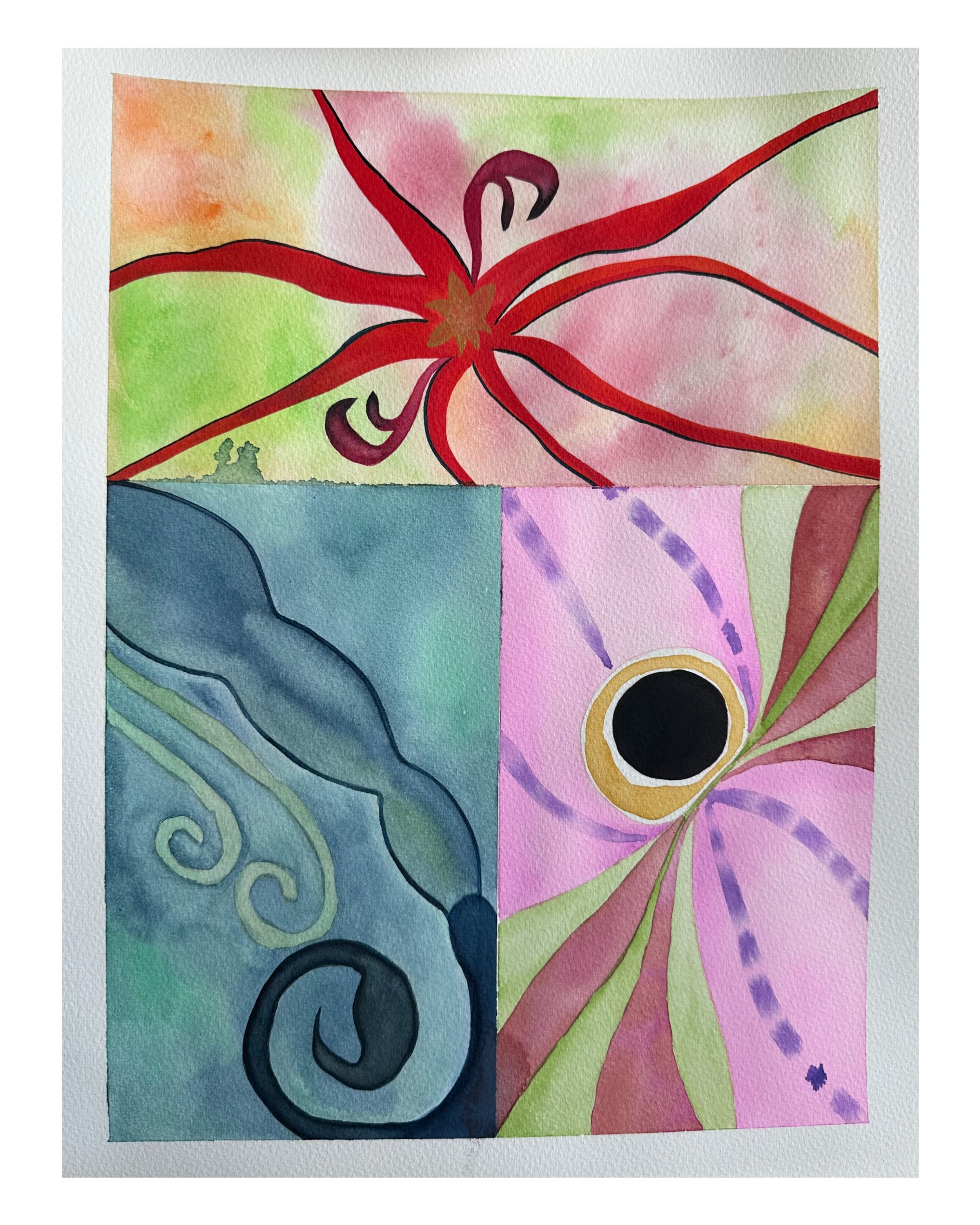 Nicole Kiabeth, "Mei's Big Three: Cancer Sun, Pisces Moon, Scorpio Rising", 2026, Watercolor on paper, 12" x 16"