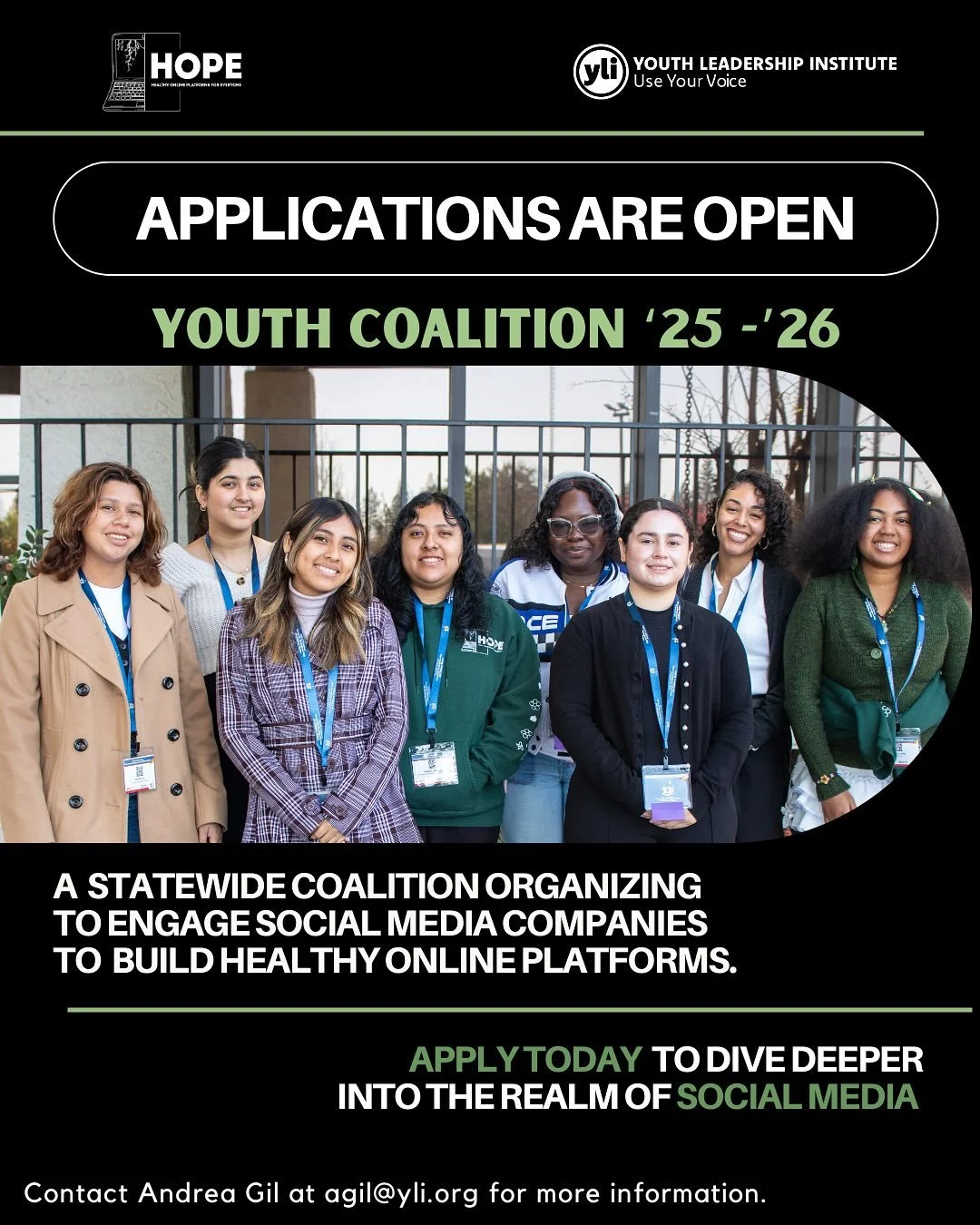 HOPE YOUTH COALITION APPLICATIONS OPEN 🔉✨

Interested in organizing across California to build healthy online protective factors. Youth Coalition is accepting new applications for the new cohort 🌱

🌱 Meeting weekly virtually
🌱Conduct research and