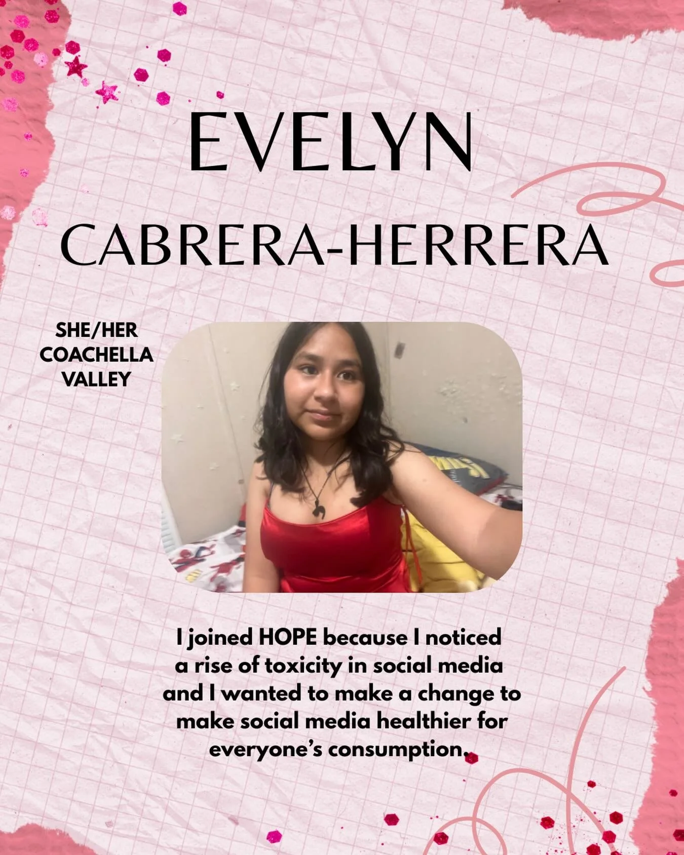 Drumroll please 🥁

Introducing Evelyn to the New HOPE Youth Coalition &lsquo;25-&lsquo;26 🌱✨ 

&ldquo;I joined HOPE because I noticed a rise of toxicity in socia media and I wanted to make a change to make social media healthier for everyone&rsquo;