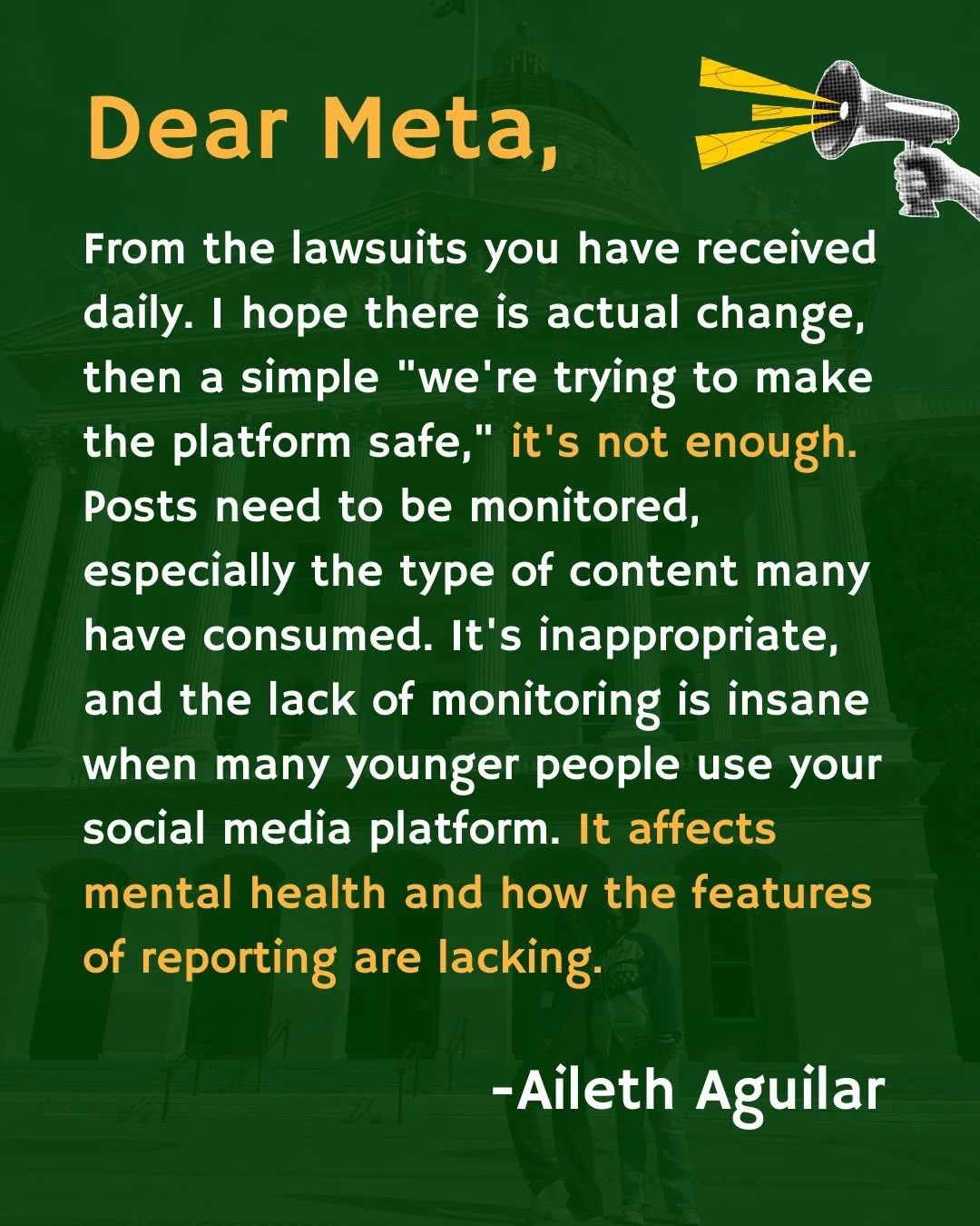 Dear Meta,

Listen to youth about their experiences online, take accountability for your products and do better.

Scroll right to read youth thoughts as Meta testifies in court today.