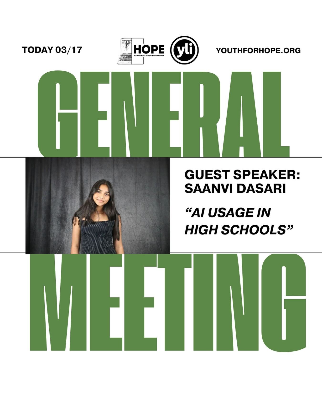 Today we are hosting our General Meeting 💥

Join us to hear updates around coalition, discuss the latest bills introduced in the legislative cycle and learn how to take action with HOPE. 

Saanvi Dasani will be sharing out her latest research of AI 