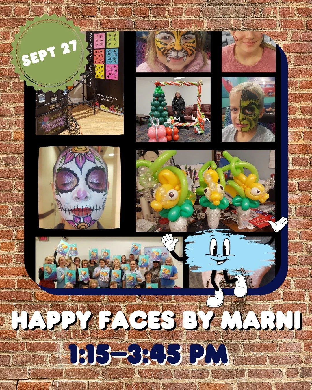 TOMORROW our first Historic Firehall community event arrives 🎈
In addition to live music and a hands-on art activity, we have a face painter! 
Happy Faces by Marni has been creating smiles for Calgary for over 10 years. As a native Calgarian, Marn