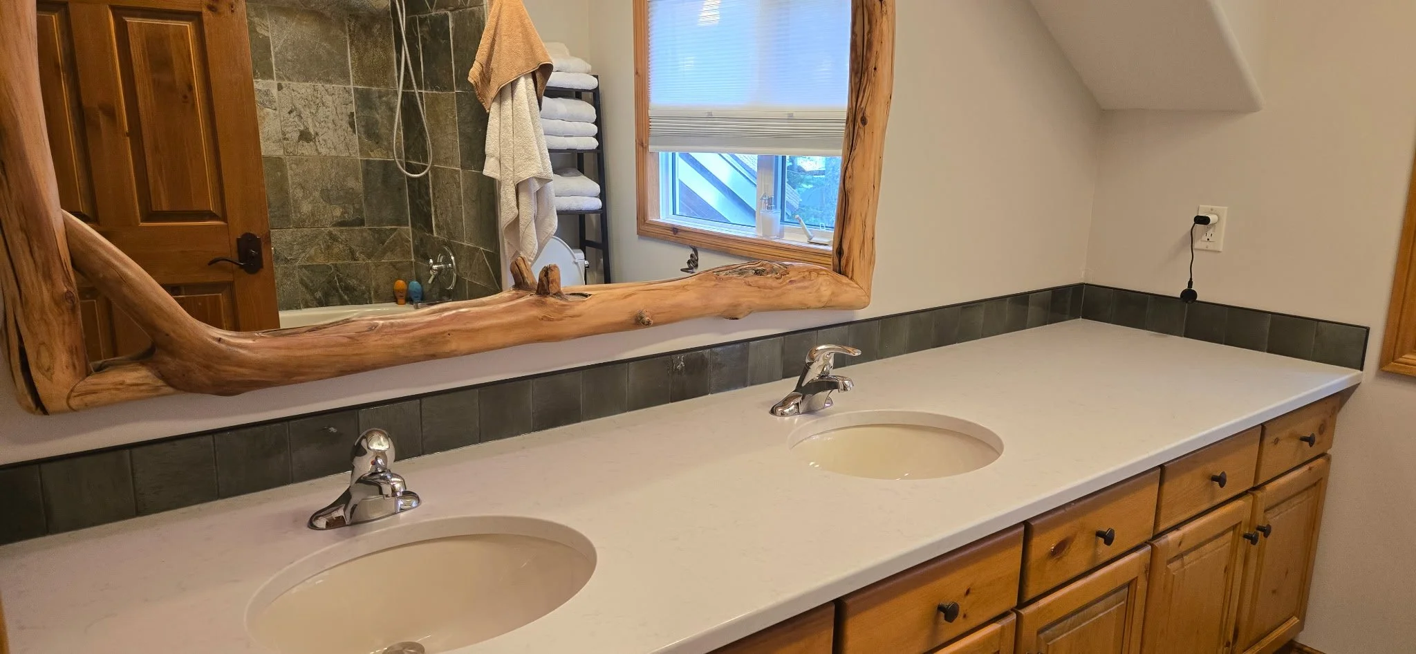 Cabin, Castle Mountain, Bath  update, New counters, New backsplash, Alder Cabinets, Green backsplash, quartz counters, Interior Design, Interior Designer, Alberta, Cabin Life