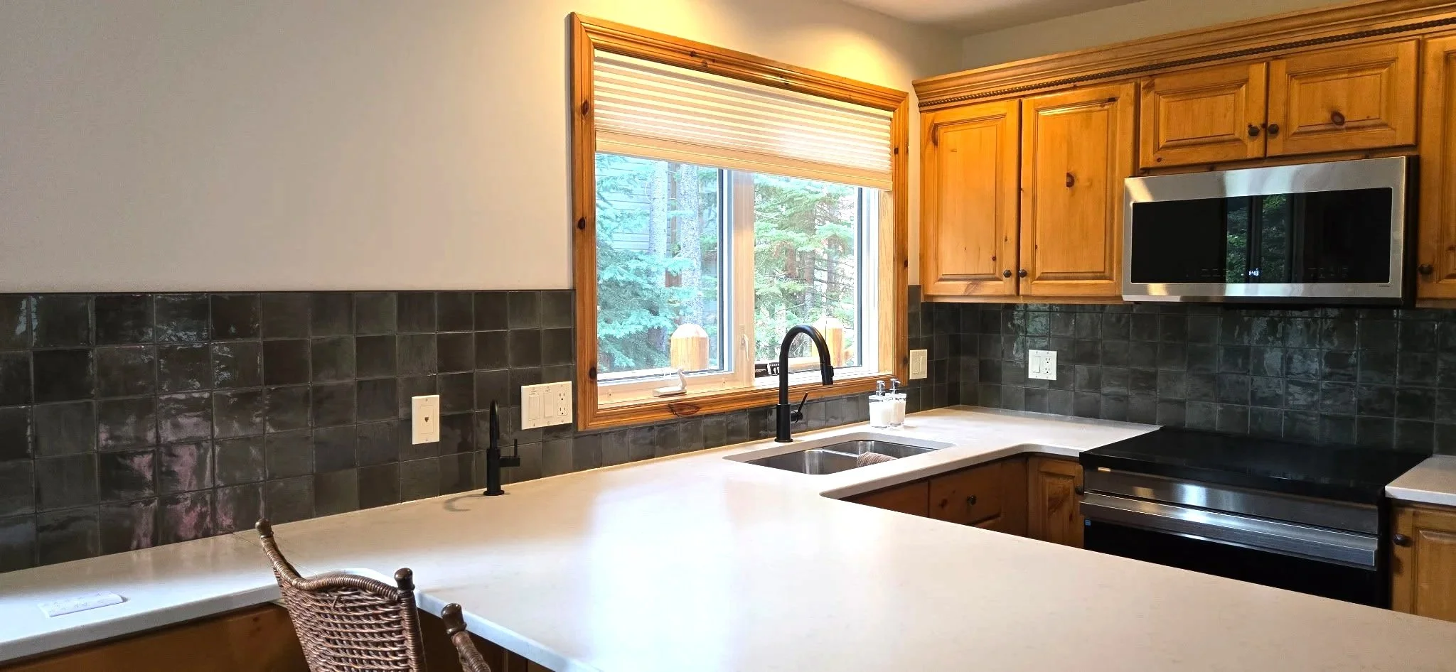 Cabin, Castle Mountain, Kitchen reno, New counters, New backsplash, Alder Cabinets, Green backsplash, quartz counters, black faucets, coffee bar, Interior Design, Interior Designer, Alberta, Cabin Life