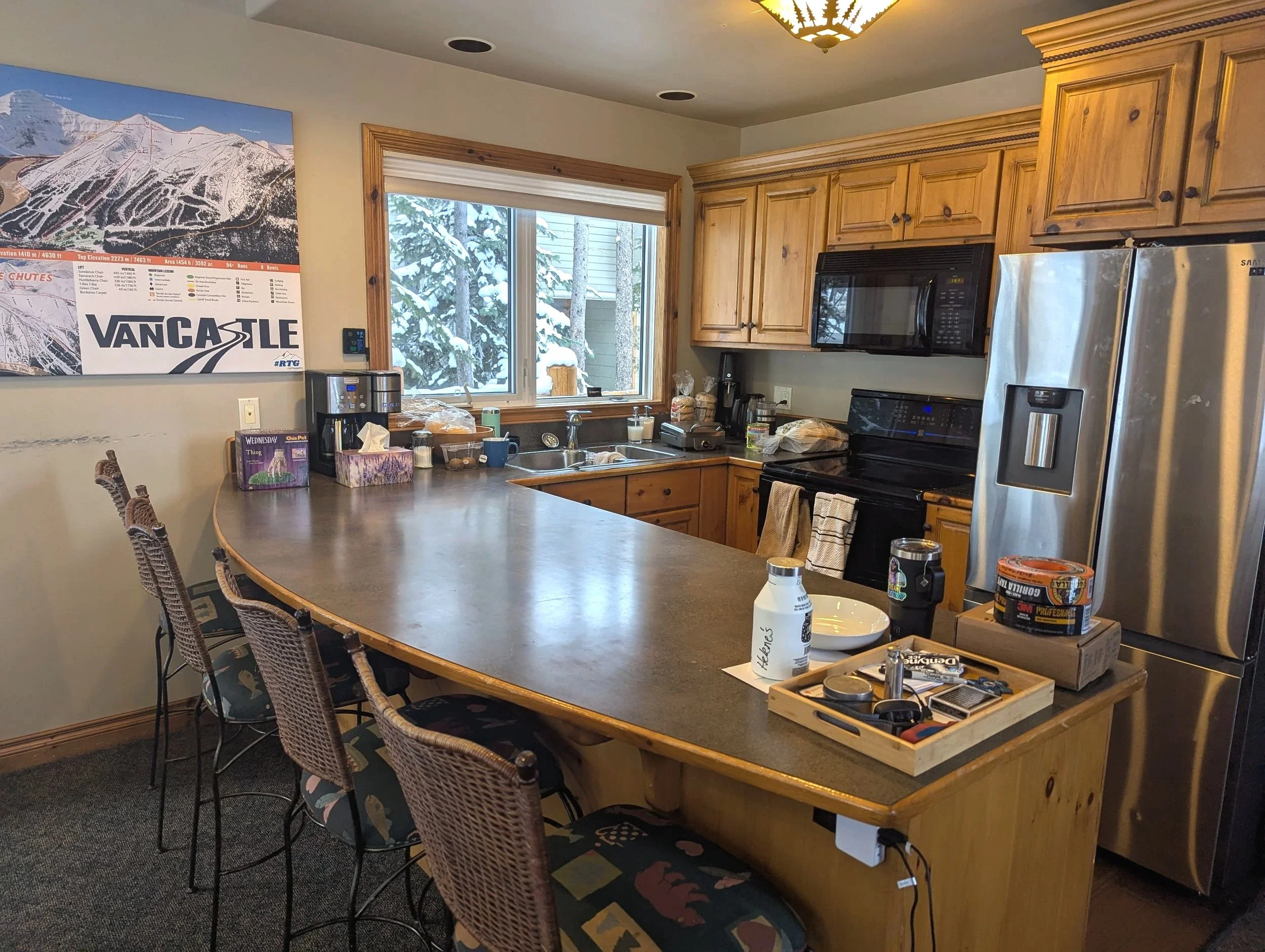 Cabin, Castle Mountain, Kitchen reno, New counters, New backsplash, Alder Cabinets, Green backsplash, quartz counters, black faucets, coffee bar, Interior Design, Interior Designer, Alberta, Cabin Life