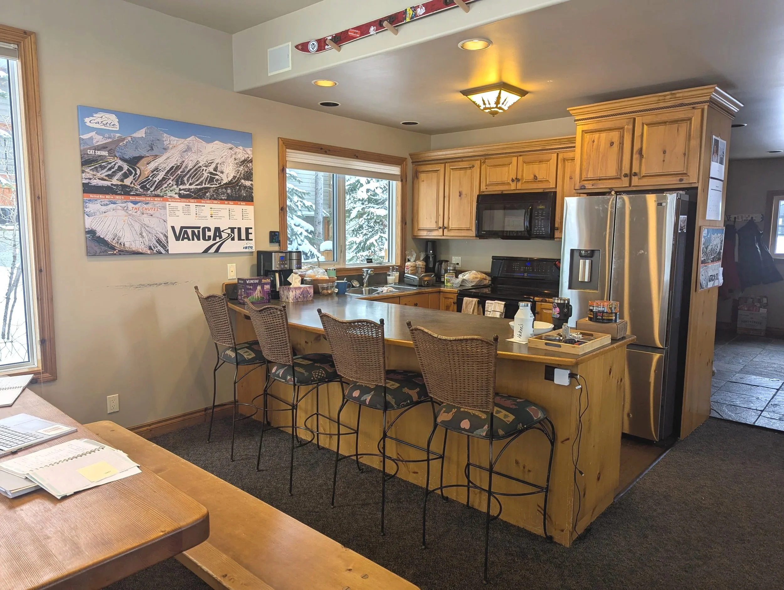 Cabin, Castle Mountain, Kitchen reno, New counters, New backsplash, Alder Cabinets, Green backsplash, quartz counters, black faucets, coffee bar, Interior Design, Interior Designer, Alberta, Cabin Life