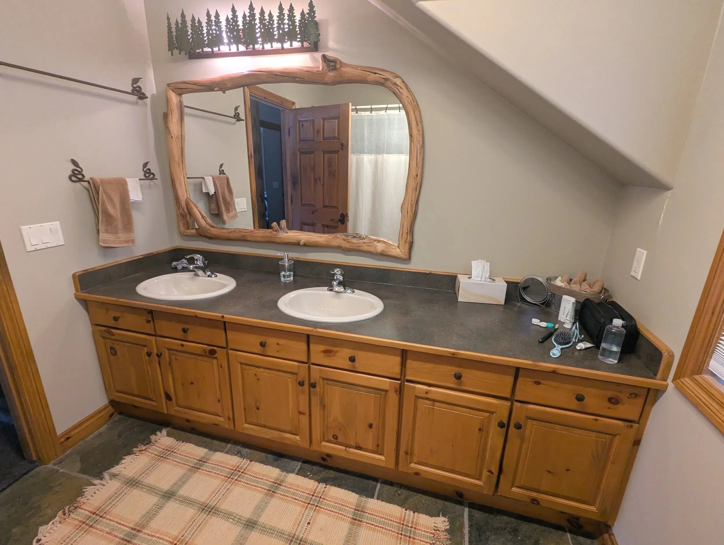 Cabin, Castle Mountain, Bath  update, New counters, New backsplash, Alder Cabinets, Green backsplash, quartz counters, Interior Design, Interior Designer, Alberta, Cabin Life