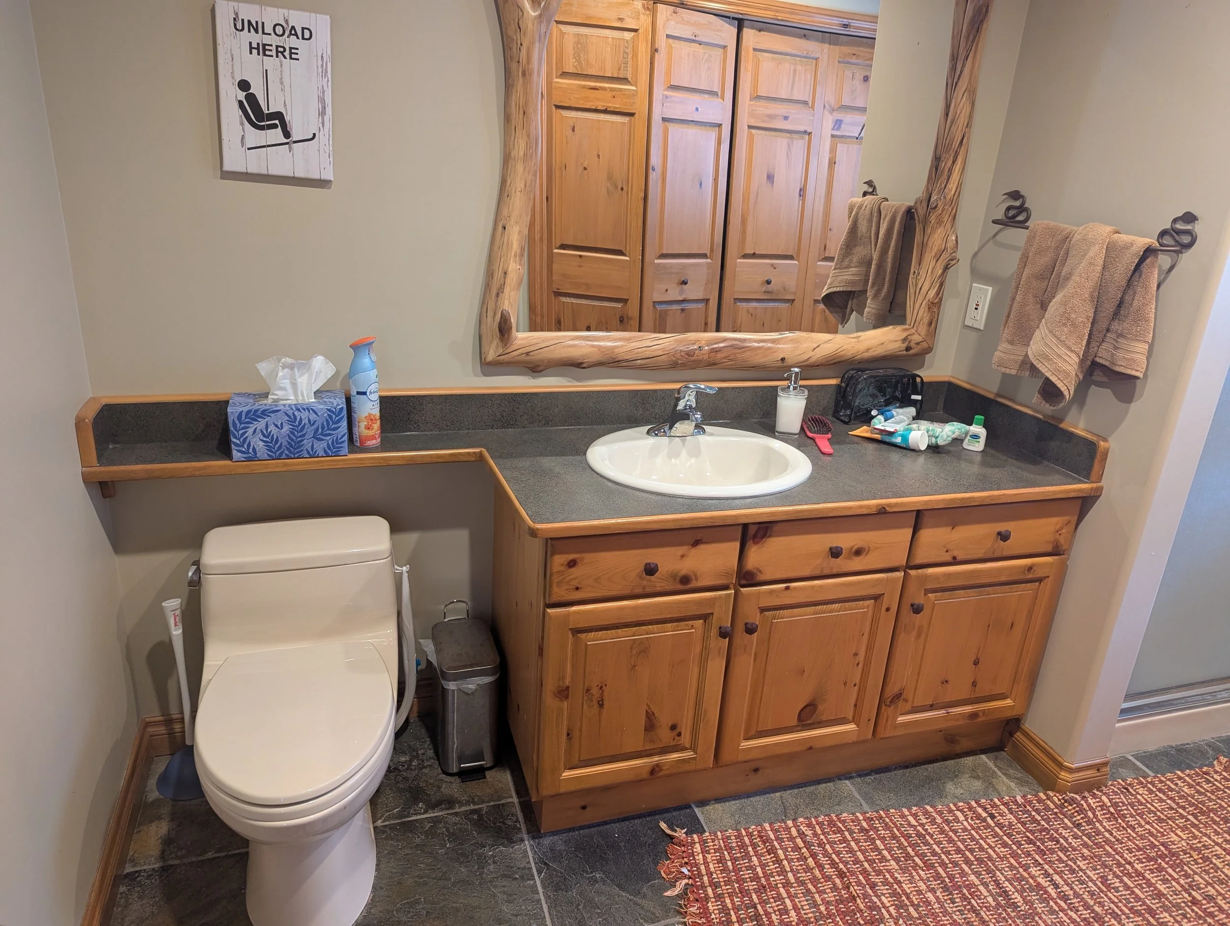Cabin, Castle Mountain, Bath  update, New counters, New backsplash, Alder Cabinets, Green backsplash, quartz counters, Interior Design, Interior Designer, Alberta, Cabin Life