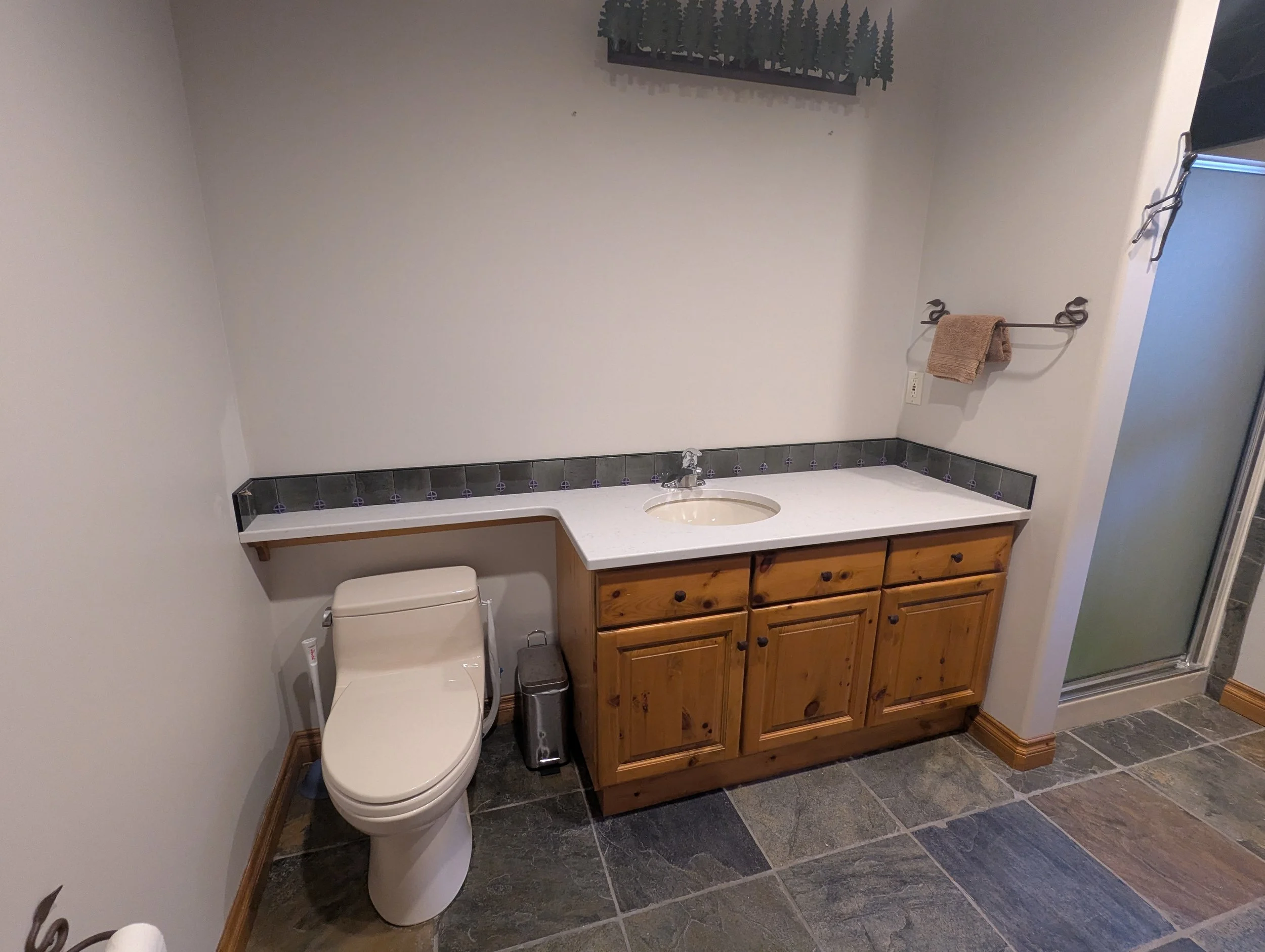 Cabin, Castle Mountain, Bath  update, New counters, New backsplash, Alder Cabinets, Green backsplash, quartz counters, Interior Design, Interior Designer, Alberta, Cabin Life