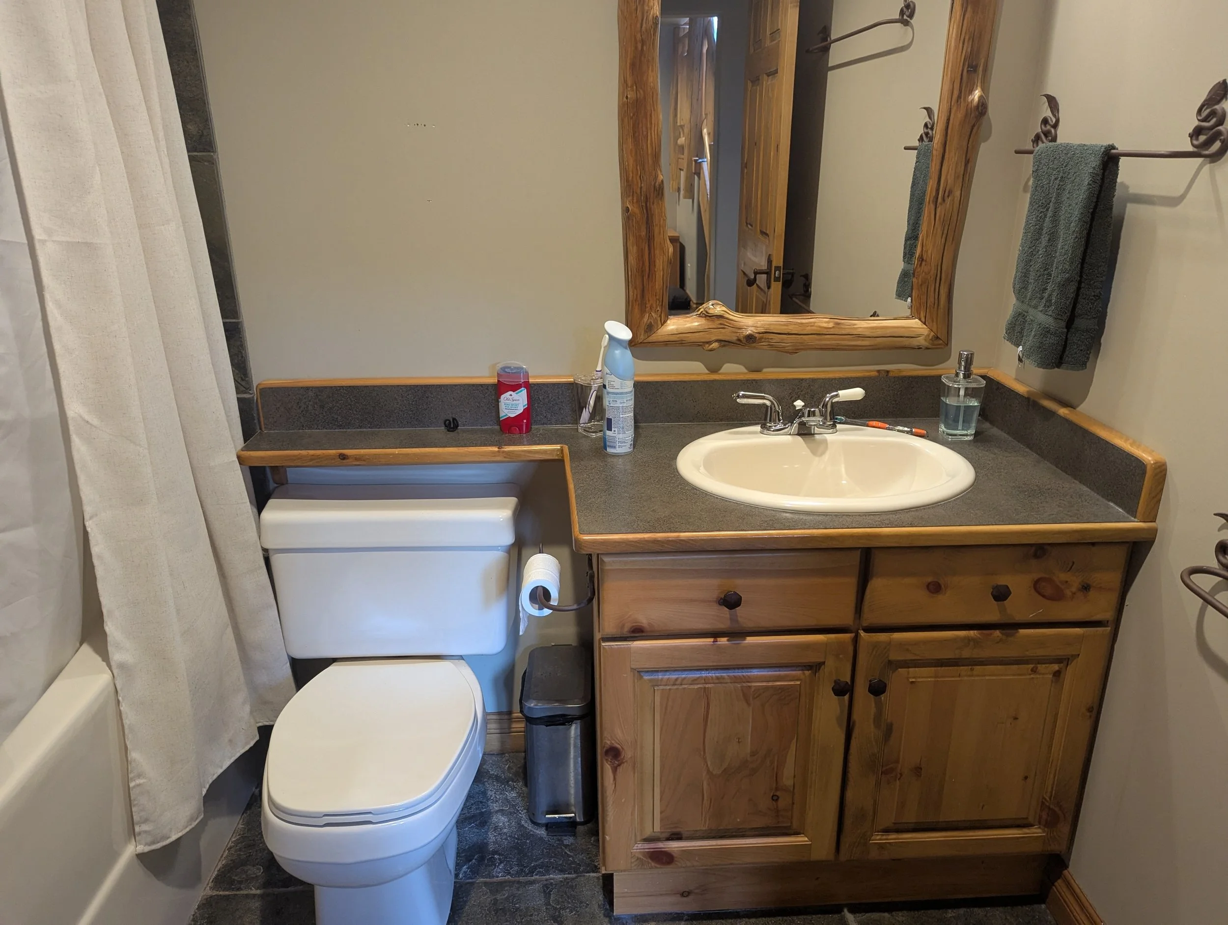 Cabin, Castle Mountain, Bath  update, New counters, New backsplash, Alder Cabinets, Green backsplash, quartz counters, Interior Design, Interior Designer, Alberta, Cabin Life