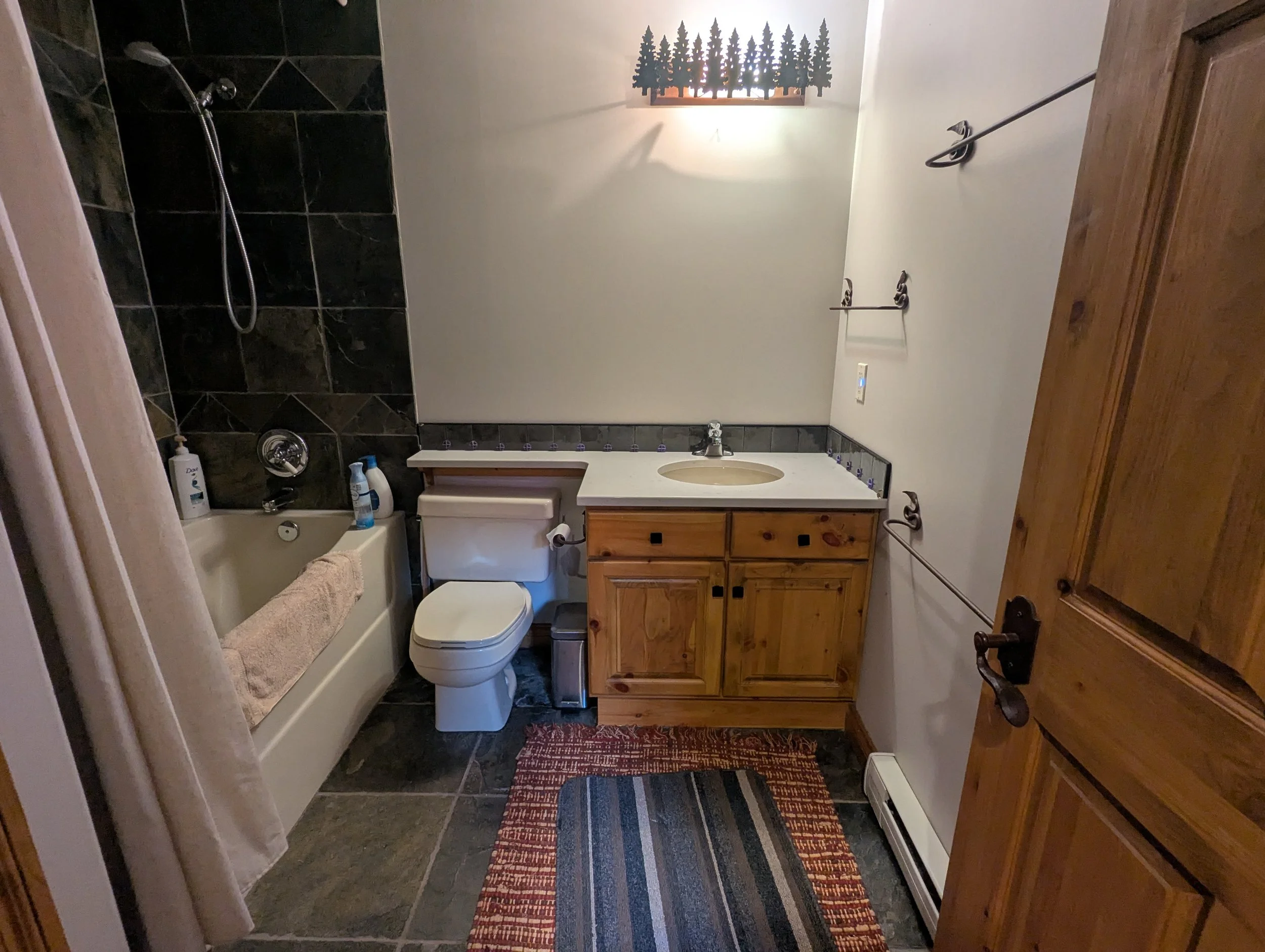 Cabin, Castle Mountain, Bath  update, New counters, New backsplash, Alder Cabinets, Green backsplash, quartz counters, Interior Design, Interior Designer, Alberta, Cabin Life