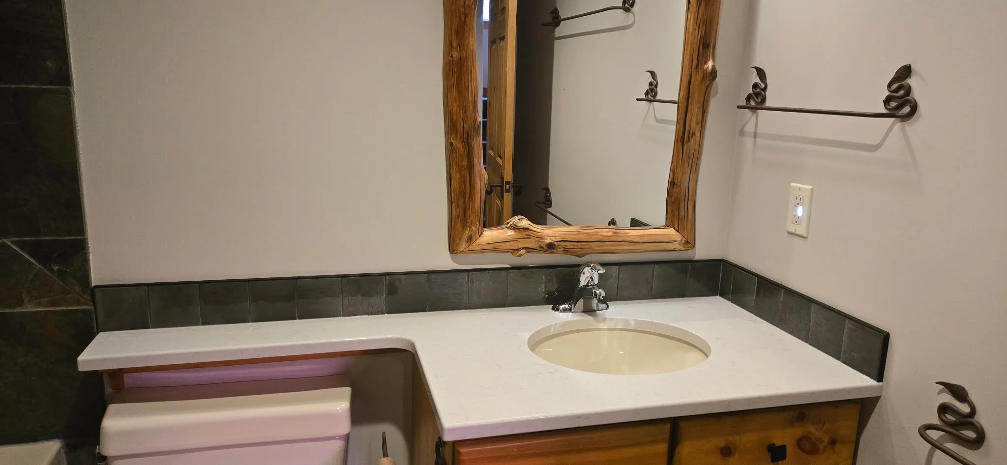 Cabin, Castle Mountain, Bath  update, New counters, New backsplash, Alder Cabinets, Green backsplash, quartz counters, Interior Design, Interior Designer, Alberta, Cabin Life