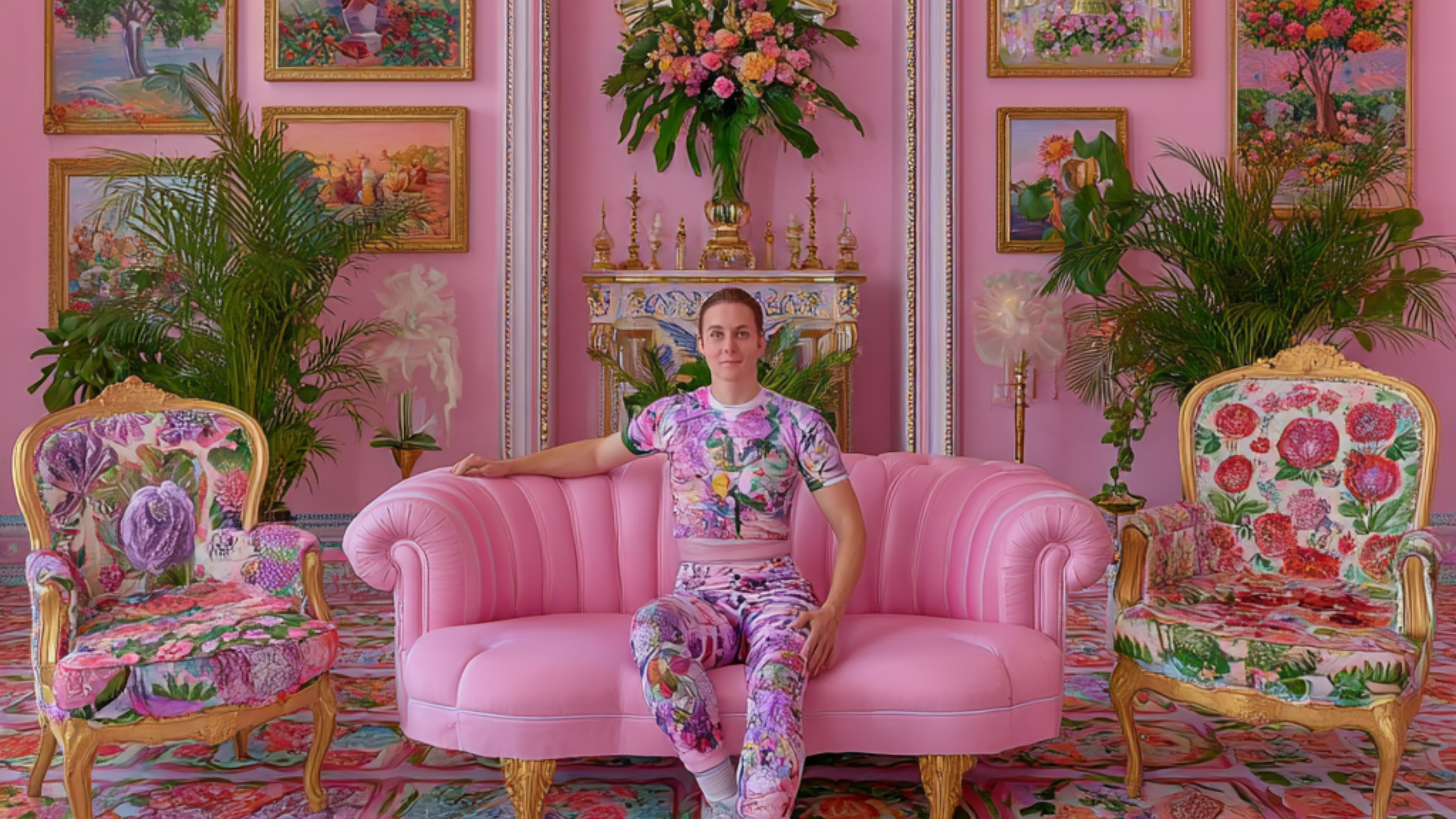 Eine Person sitzt auf einem rosa, gepolsterten Sofa in einem prunkvollen, pinkfarbenen Raum. Der Raum ist dekoriert mit zahlreichen Blumenbildern, großen Pflanzen und antiken Möbeln mit floralen Mustern.