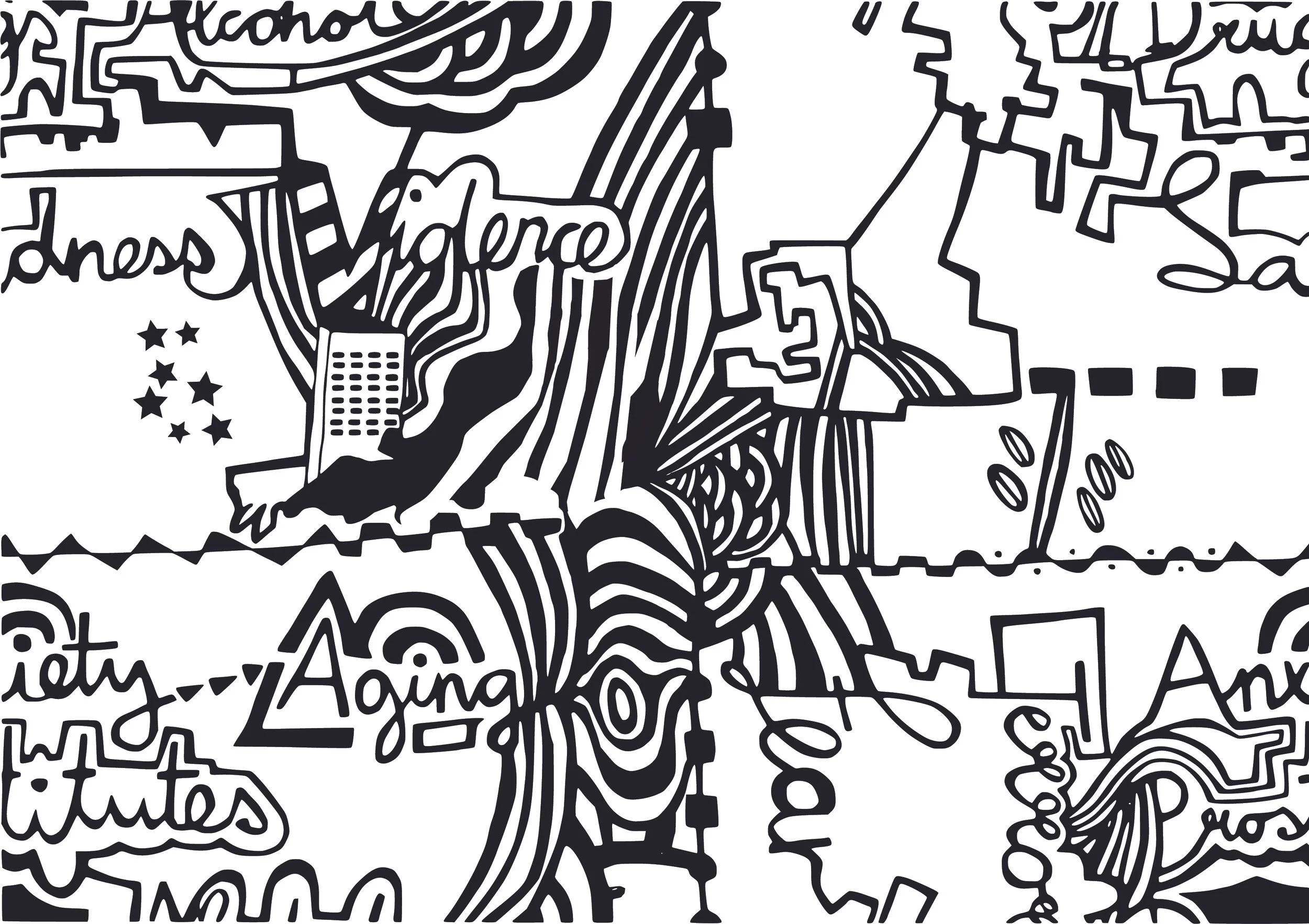 Schwarz-weiß-cartoonartige Zeichnung verschiedener Begriffe und Symbole in Bezug auf Portugal, Italien, Frankreich, Spanien und England, einschließlich Landkarten, Flaggen, bekannten Wahrzeichen und deutschsprachigen Bezeichnungen.