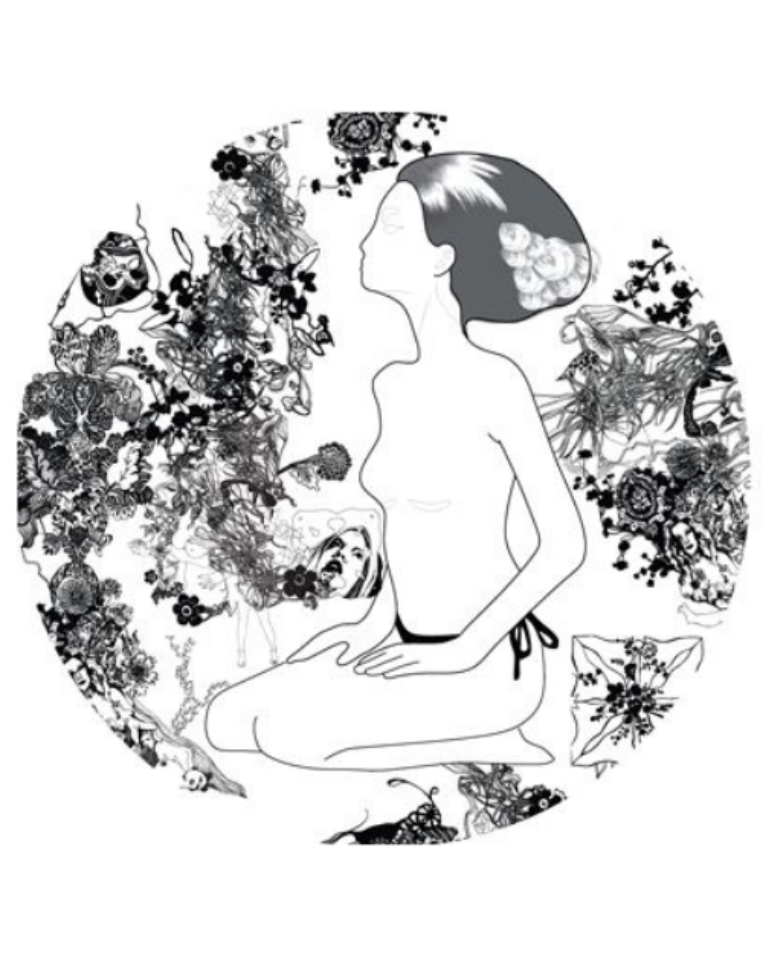 Black-and-white illustration of a seated woman in meditation, with flowers and ornamental patterns in the background.