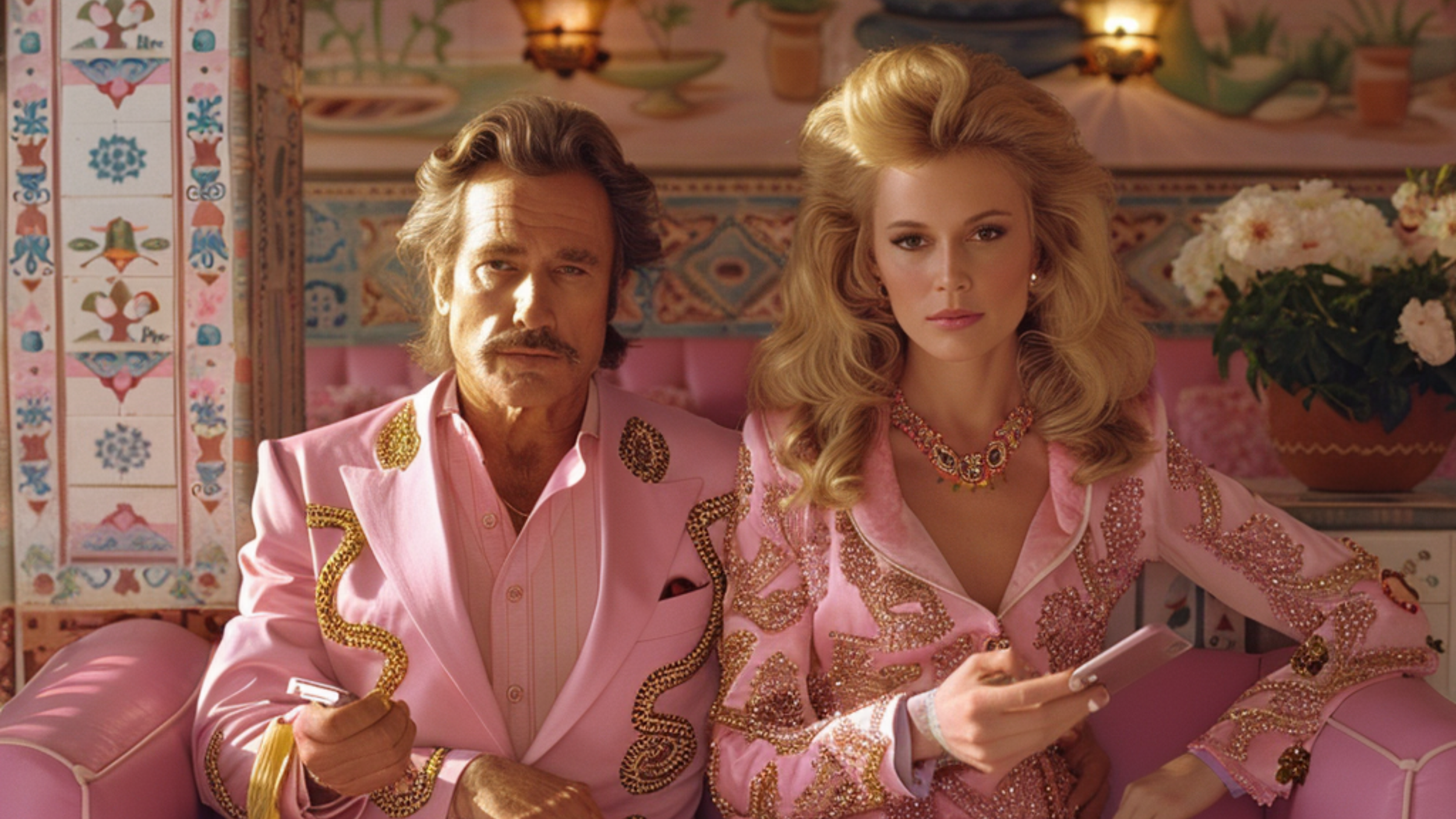 Ein älterer Mann und eine junge Frau sitzen auf einem pinken Sofa in einem Raum mit pastellfarbenem, verspieltem Dekor. Der Mann trägt einen pinken Anzug mit goldverzierten Mustern, die Frau trägt einen pinken, glitzernden Blazer mit ähnlichen Verzierungen und hält ein Smartphone in der Hand.