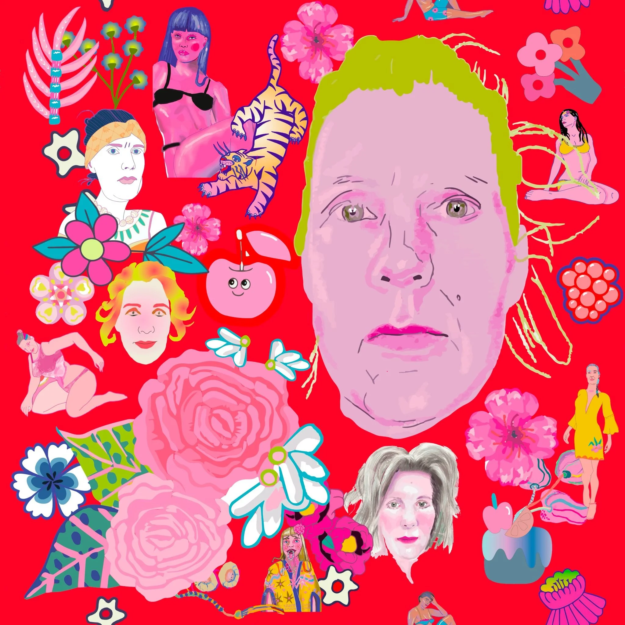 Kollage aus bunten, cartoonartigen Porträts, Tieren, Blumen, und Fantasiefiguren auf rotem Hintergrund. Titel lassen sich nicht erkennen.