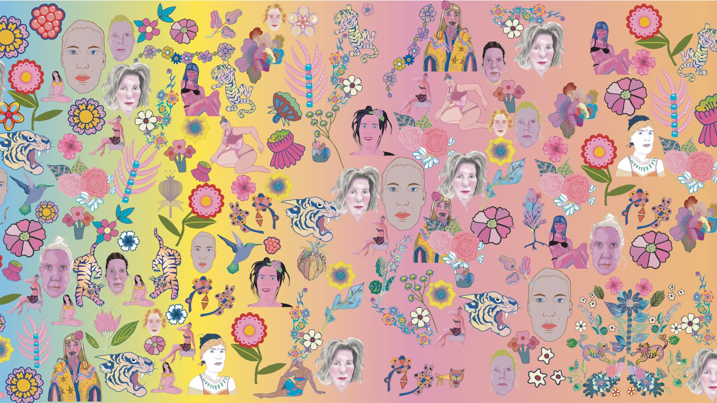 Bunter, detaillierter Collage mit Blumen, Tieren, menschlichen Gesichtern, Menschen in verschiedenen Posen, Tieren wie Tigern, Vögeln, und Illustrationen im Stil von Pop-Art