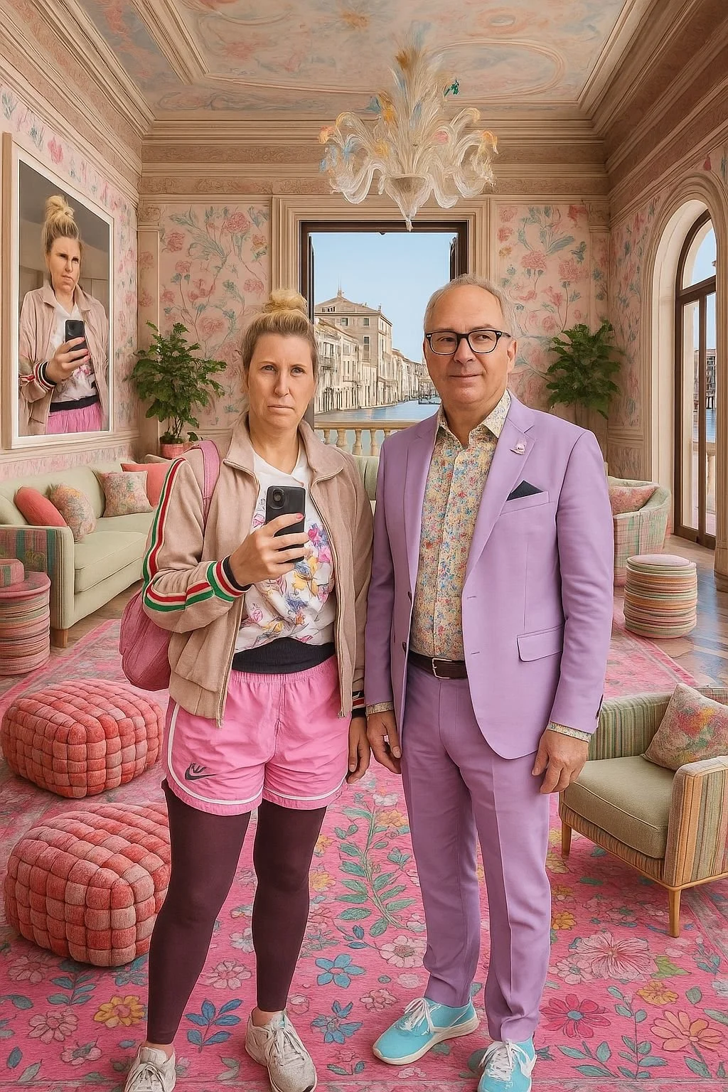 Zwei Personen vor einem bequem eingerichtet Raum mit Blumenmuster auf Wänden und Teppich, einer im lila Anzug, der andere in sportlicher Kleidung, beide halten Handys, auf einem Balkon Blick auf eine Wasserstraße und Gebäude.