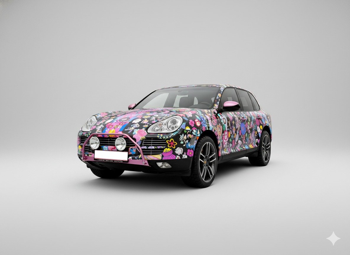 Ein Auto mit buntem, floralen Lackdesign auf weißem Hintergrund.