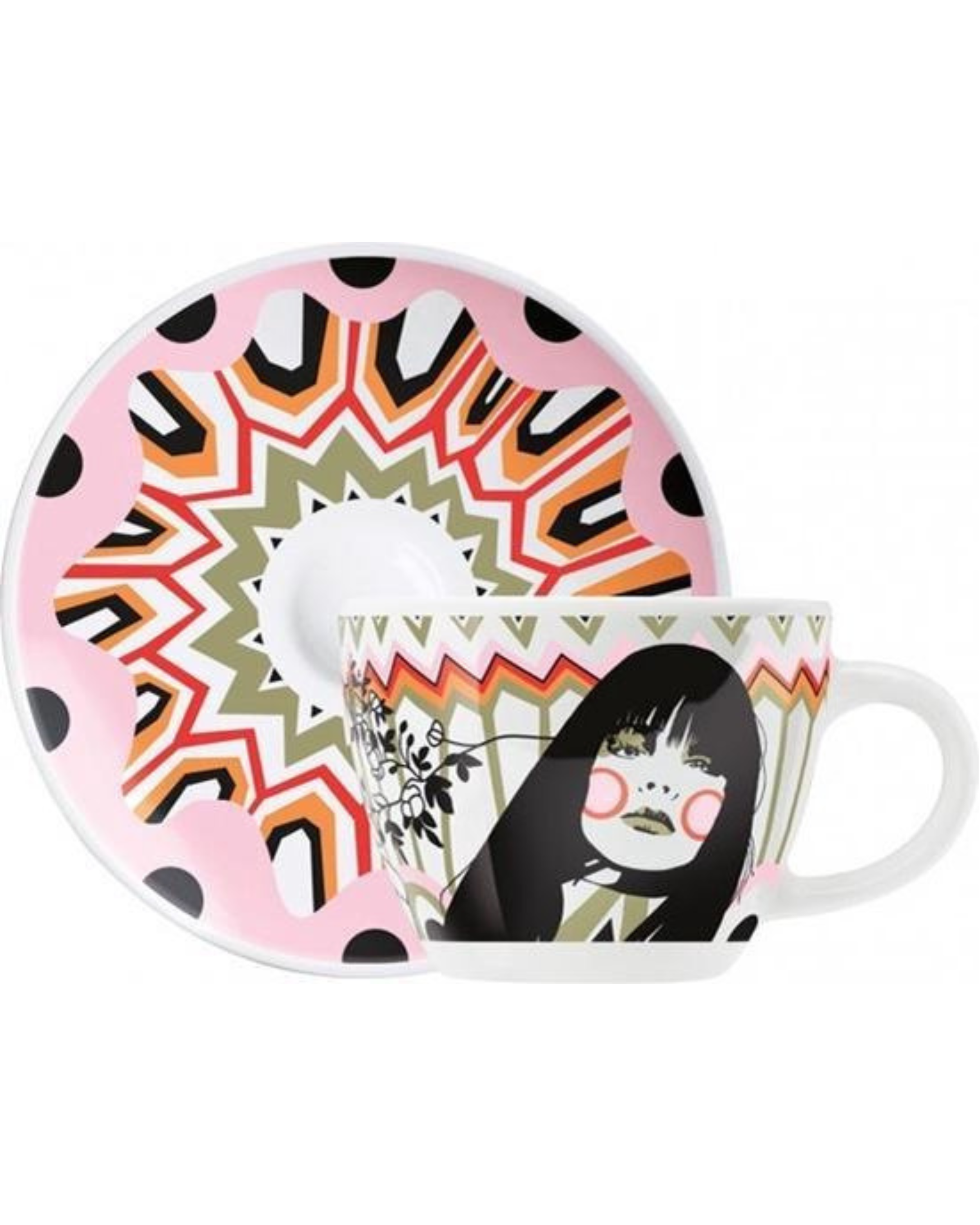 Coffee set with colorful geometric patterns and a black-and-white porcelain cup featuring an illustrated female face, designed as a contemporary decorative object combining illustration, pattern design, and functional tableware.
