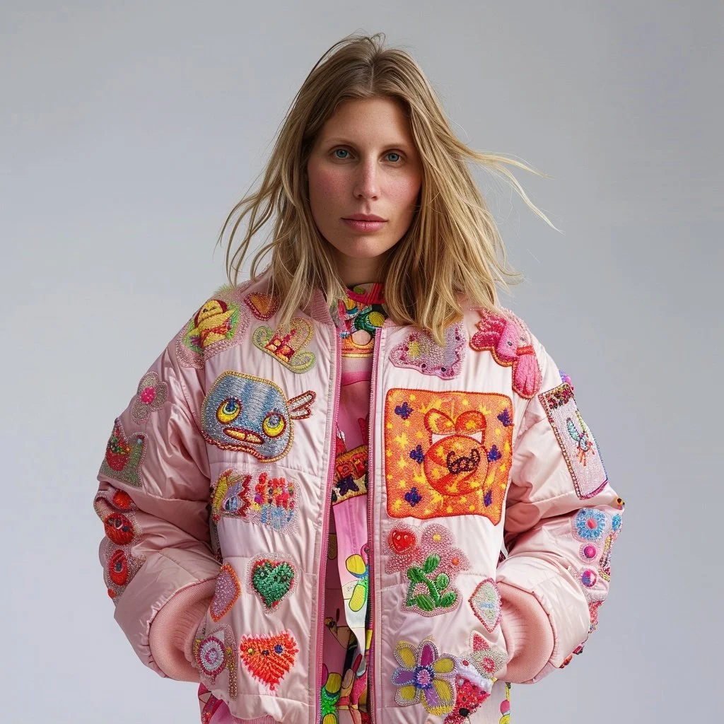 Junge Frau trägt eine pinke Jacke mit bunten, aufwendigen Stickereien, die Figuren, Herzen und andere bunte Muster zeigen.