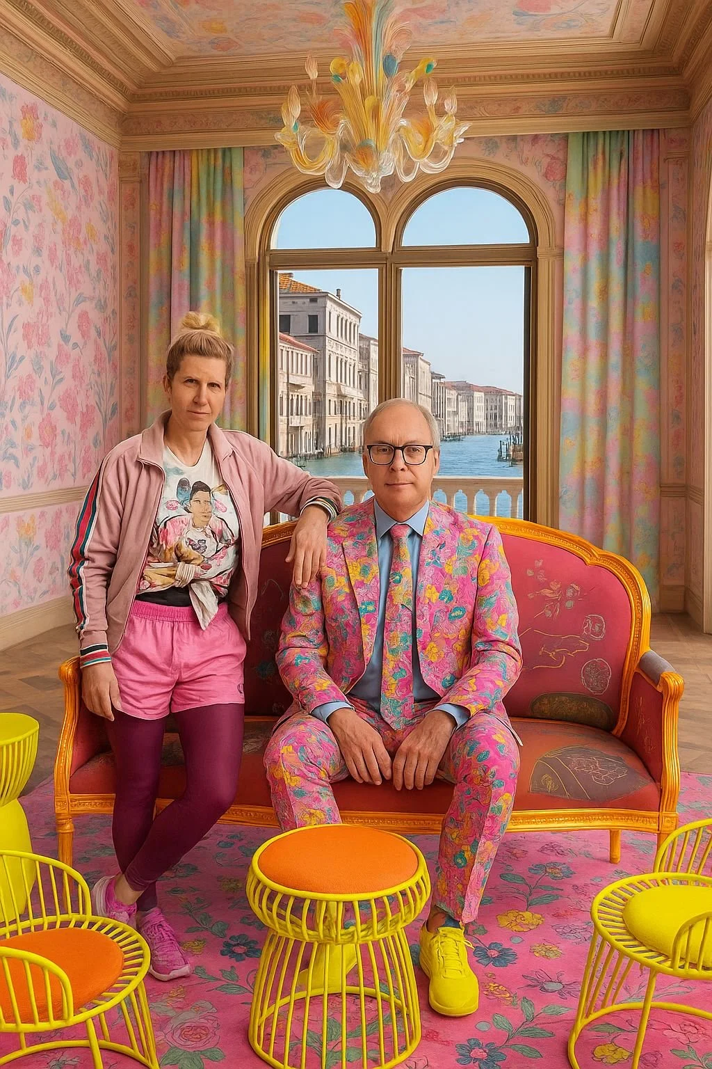 Zwei Personen in einem Raum mit farbenfrohem Dekor. Ein Mann sitzt auf einem pinken Sofa, trägt eine bunte Blazer- und Hosenkombination, und eine Frau steht neben ihm mit einem pinken Jacke und Shorts, hinter einer großen Fenster mit Blick auf eine Wasserstraße.