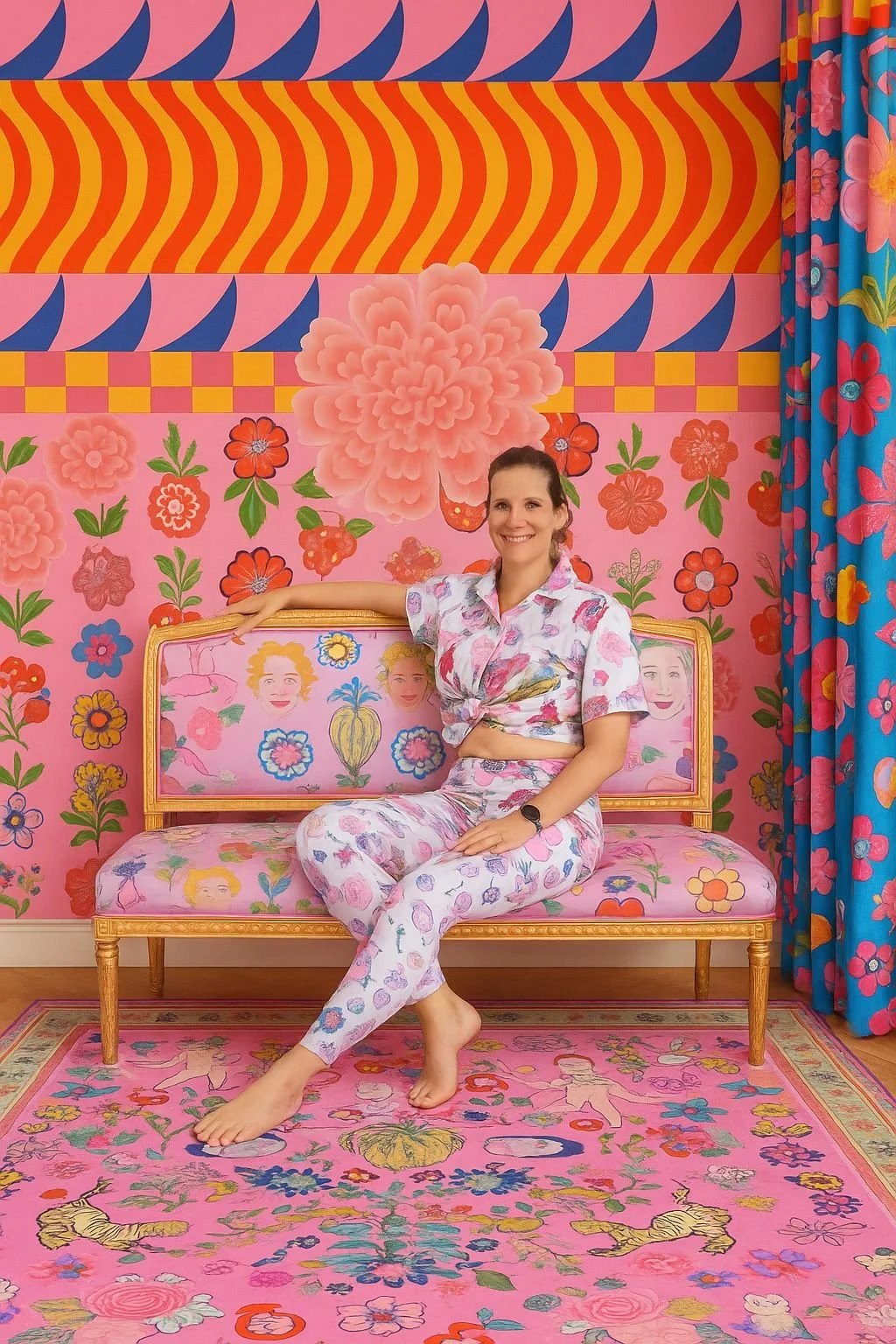 Frau sitzt auf einem pinken, blumigen Sofa vor einer bunten, gemusterten Wand mit Blumen- und Mustermotiven, umgeben von bunten Gardinen.