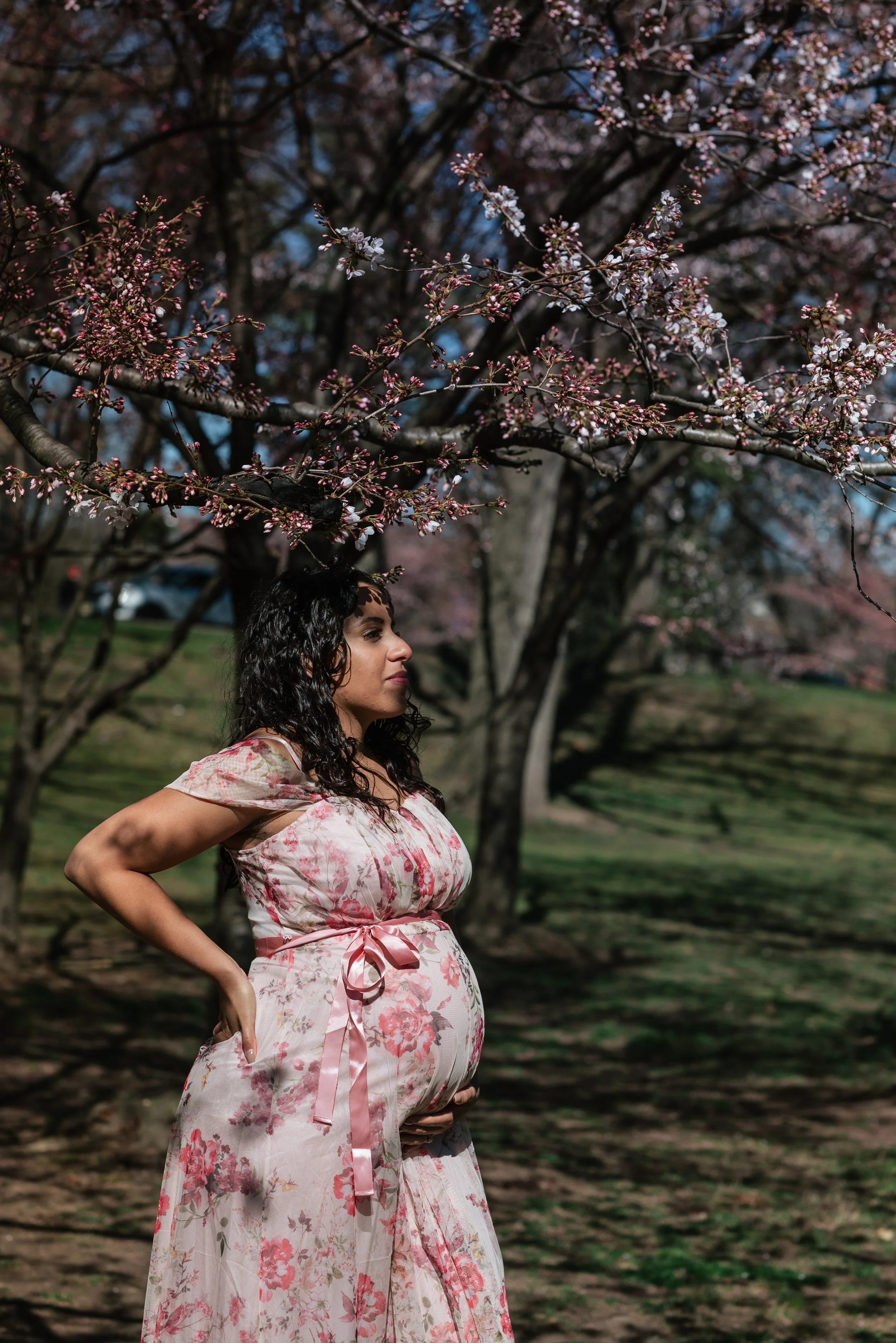 A woman in a floral dress stands outdoors beneath pink cherry blossoms, with one hand on her hip and the other resting on her baby bump.