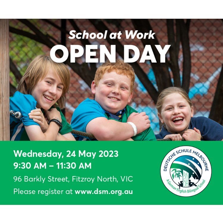 Deutsche Schule Melbourne
School at Work Open Day
Wednesday, 24 May 2023
9:30 am to 11:30 am
 
Staff and students at Deutsche Schule Melbourne kindly invite interested families to join our School at Work Open Day for an opportunity to see our beautif